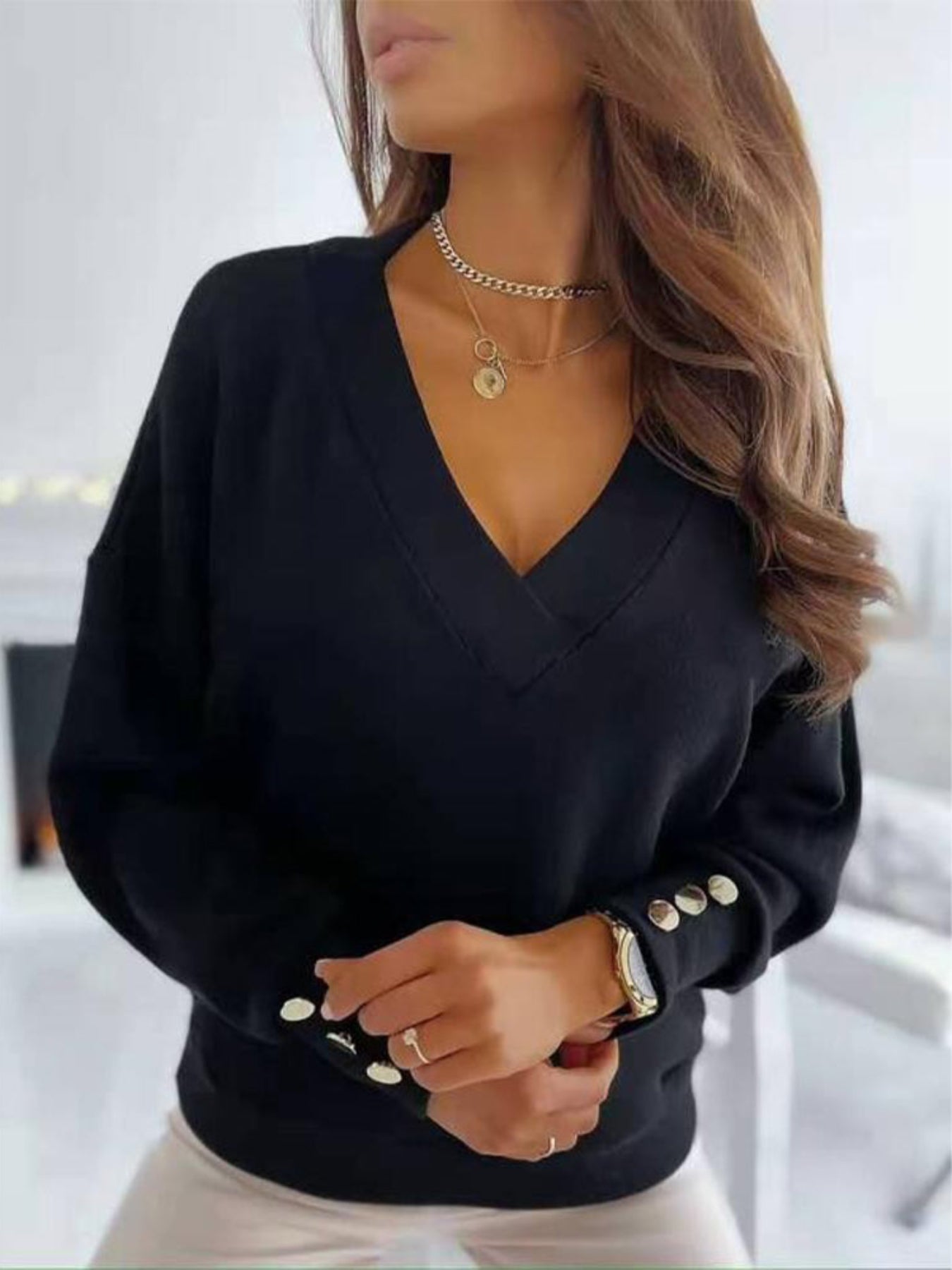 Basic Solid V-neck T-Shirt, Casual Long Sleeve Stretchy T-Shirt, Casual Every Day Tops