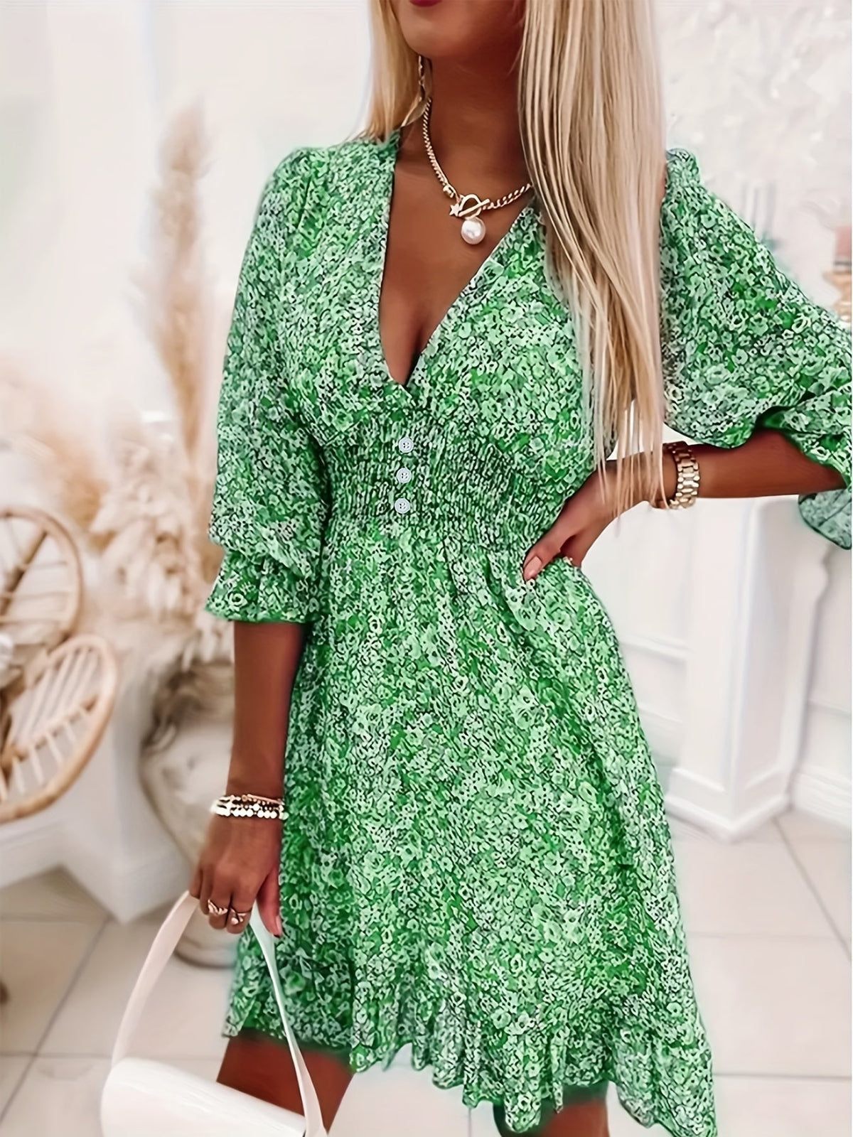 Ditsy Floral Print Dress, Casual V Neck Layered Ruffle Trim Dress With Buttons