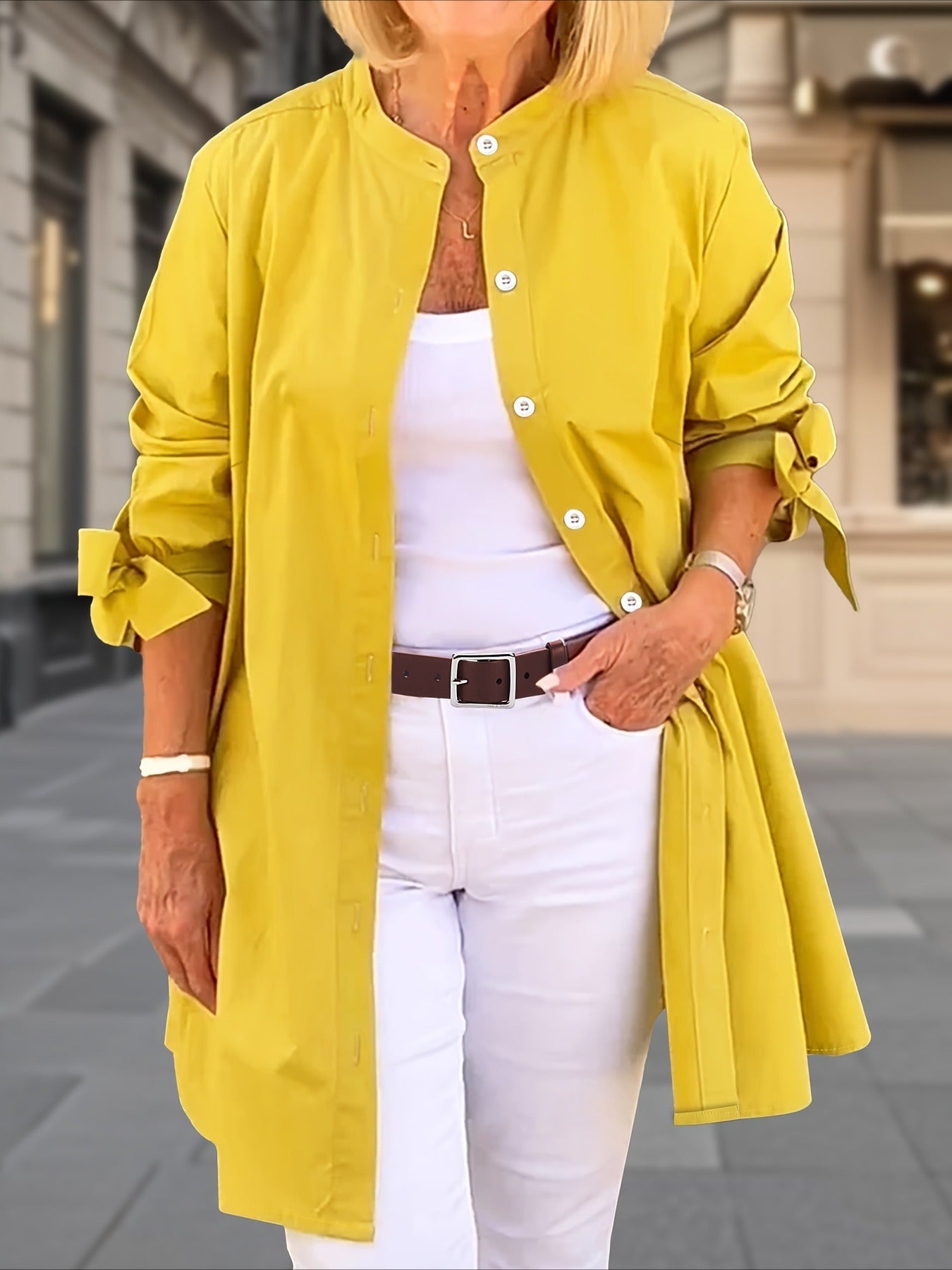 Elegant Loose-Fit Adjustable Cuffs Side Slit Breathable Fabric Round Neck Nontransparent Material Shirt