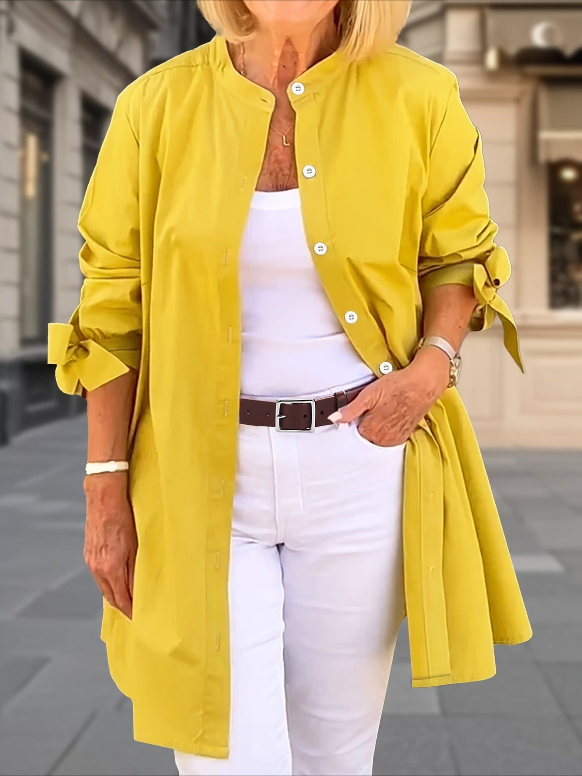 Elegant Loose-Fit Adjustable Cuffs Side Slit Breathable Fabric Round Neck Nontransparent Material Shirt