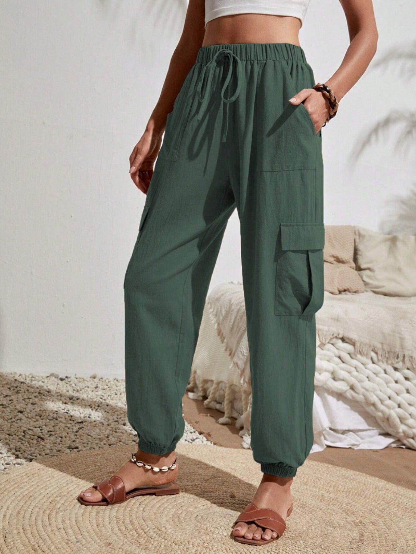 Solid Drawstring Pants, Casual Slant Pockets Cargo Pants