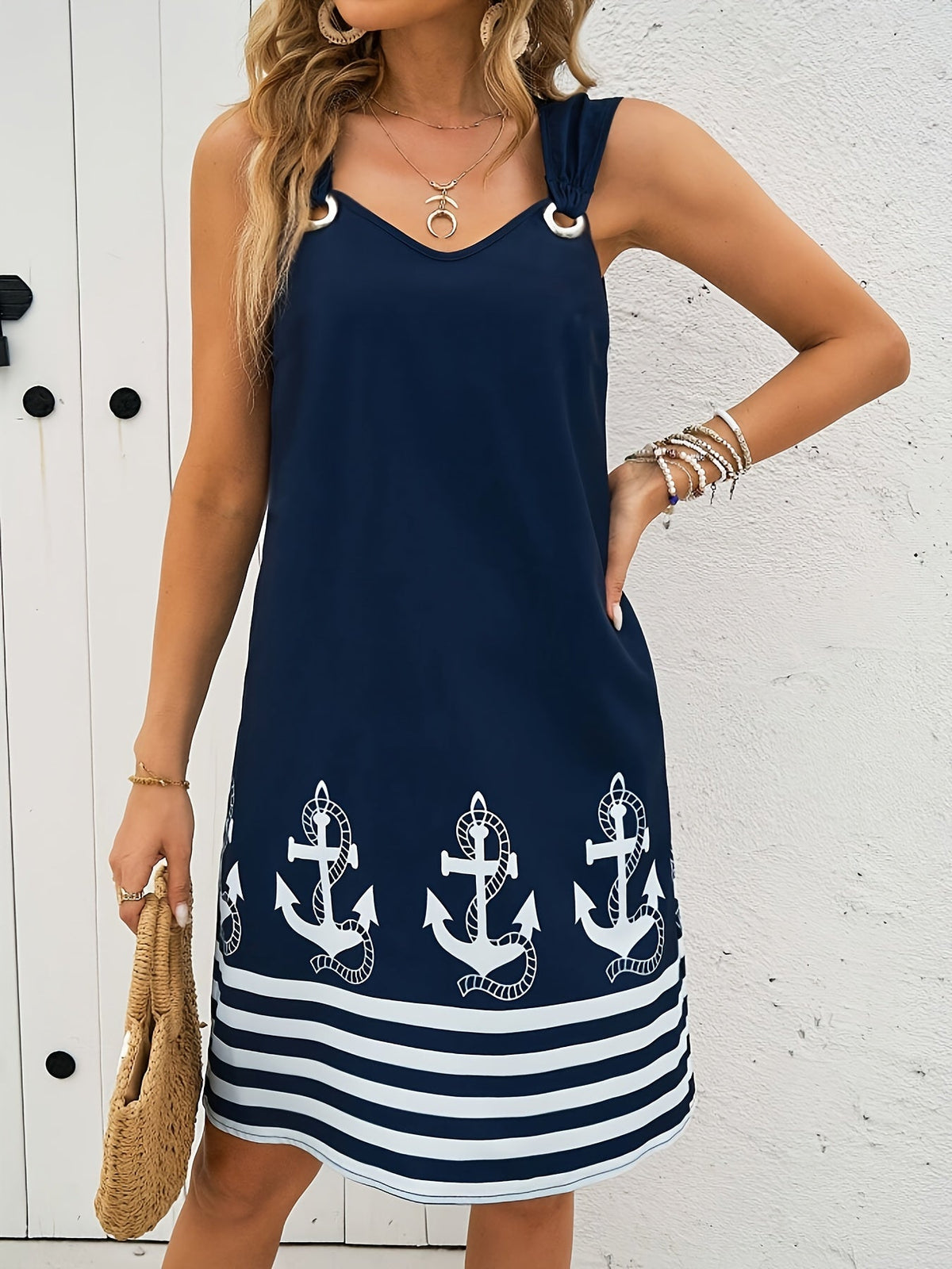 Floral & Striped Print Sleeveless V-Neck Dress