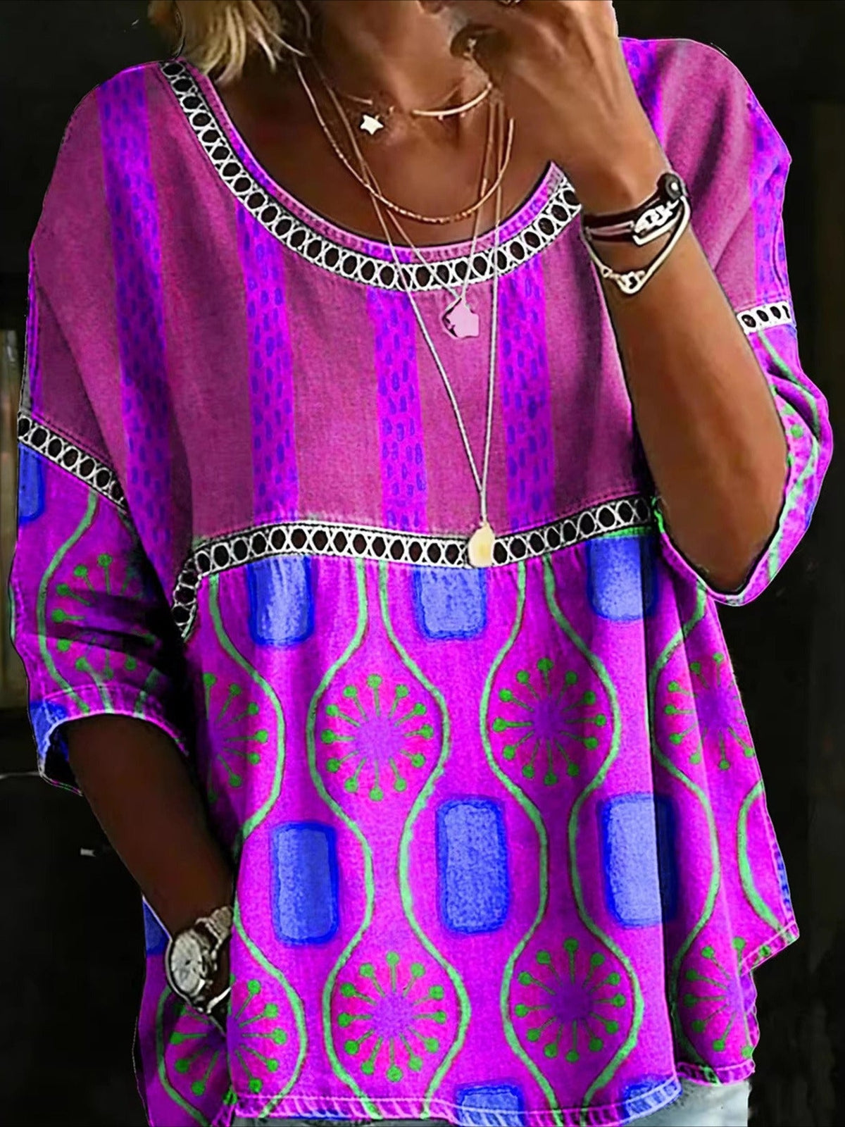 Flower Printed Mid Sleeve Pleated Round Neck Top
