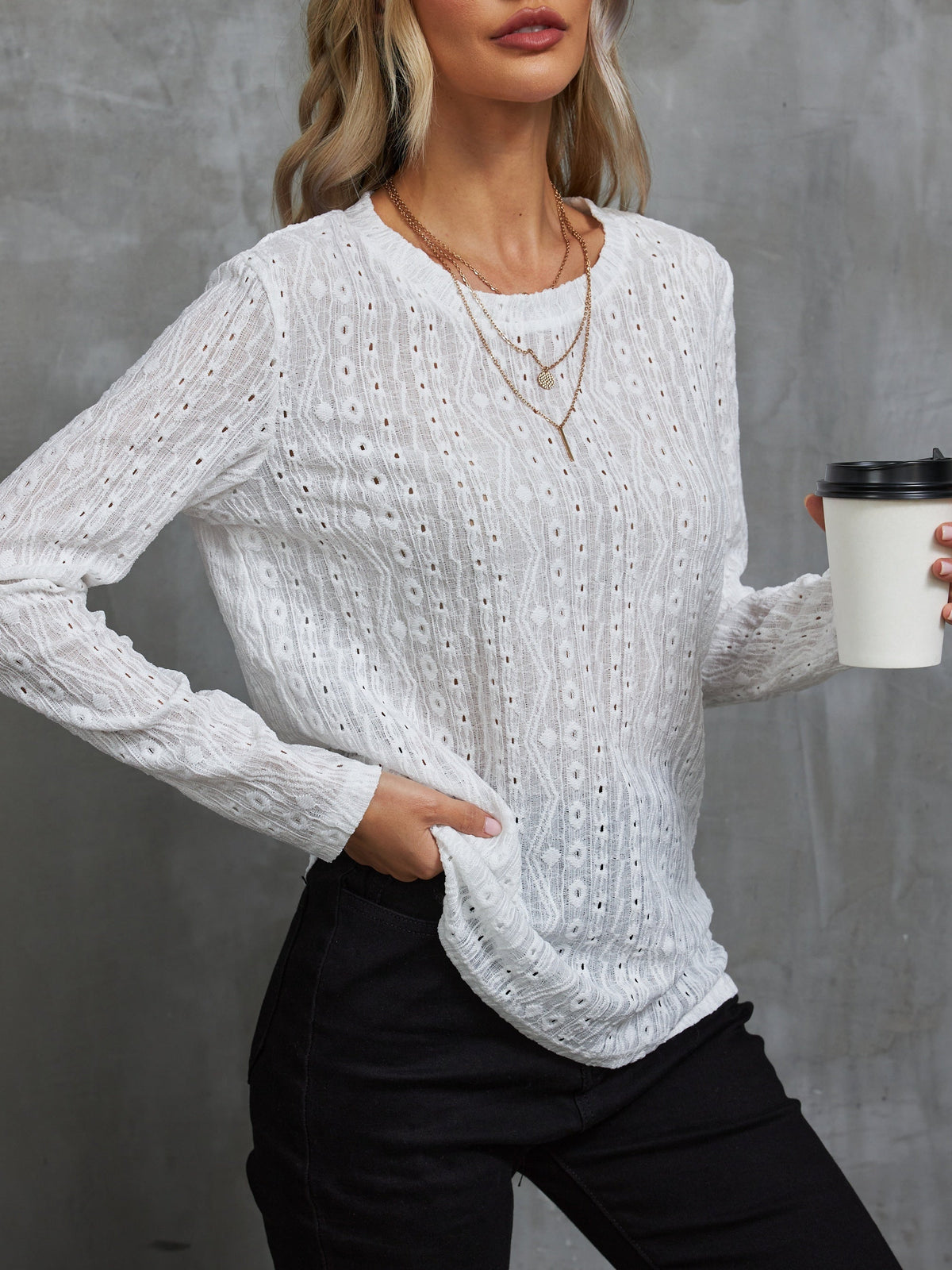 Eyelet Solid T-shirt, Casual Crew Neck Long Sleeve T-shirt