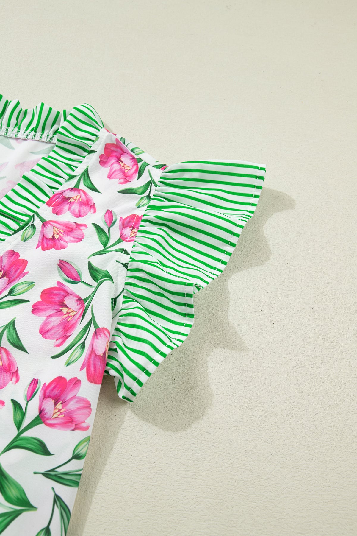 Multicolour Sweet Floral Print Striped Ruffle Trim V Neck Blouse