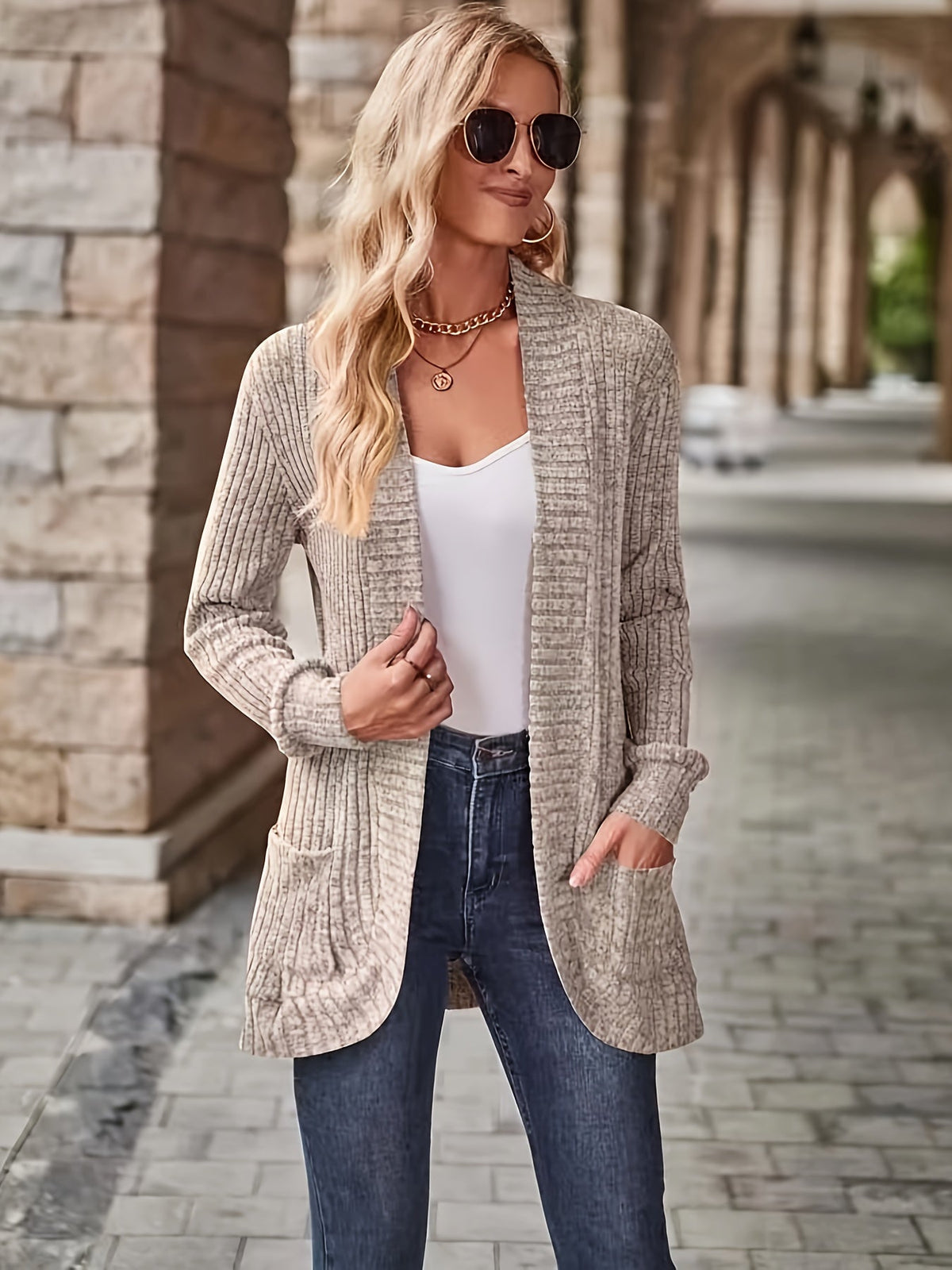 Solid Open Front Cardigan, Casual Long Sleeve Drop Shoulder Outwear