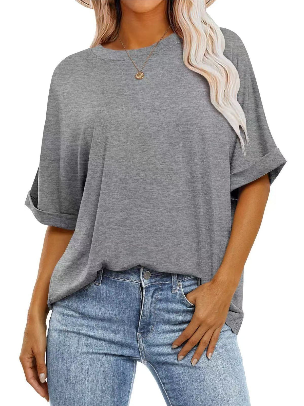 Casual Short Sleeve Crewneck Solid Color Loose T-Shirt