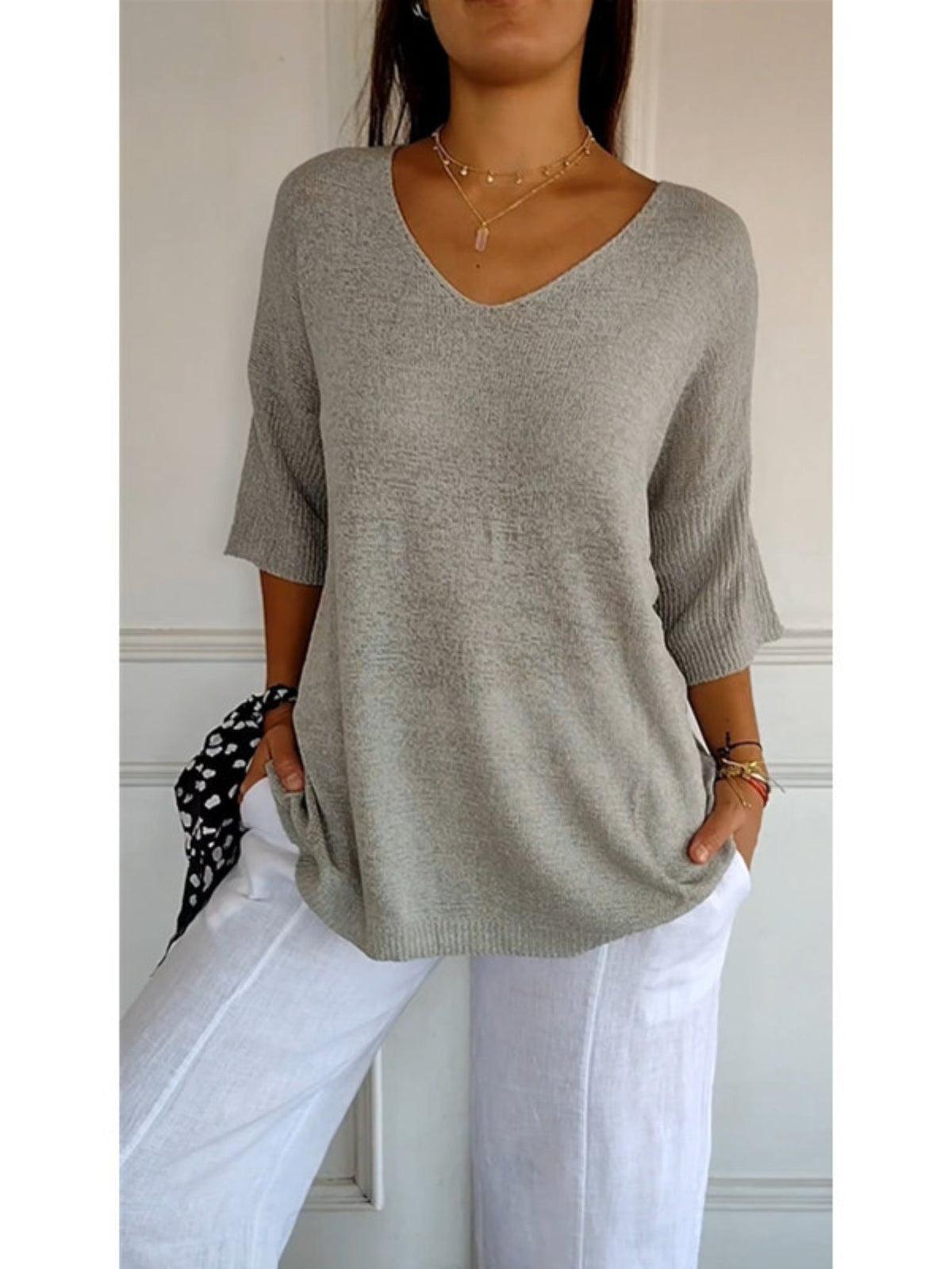 Cozy V Neck Pullover Three-Quarter Sleeve Knitted Sweater