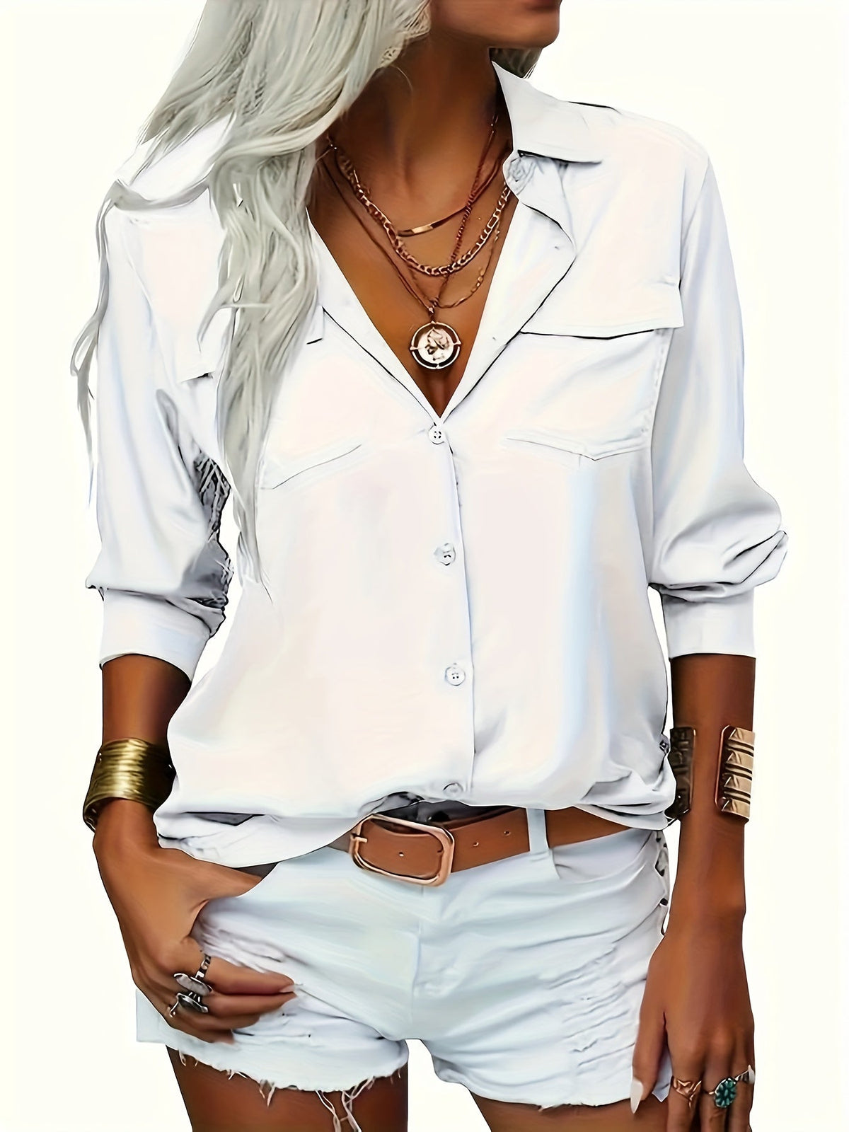Solid Lapel Long Sleeves Button Down Shirt Top Casual Basic Office Blouse