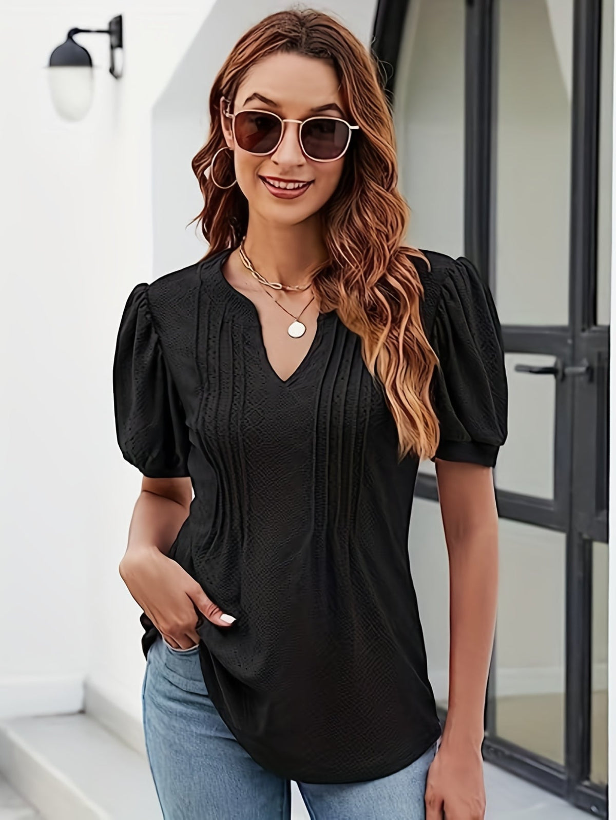 Women's Casual V-Neck Puff Sleeve T-Shirt - Soft and Comfortable Solid Tee