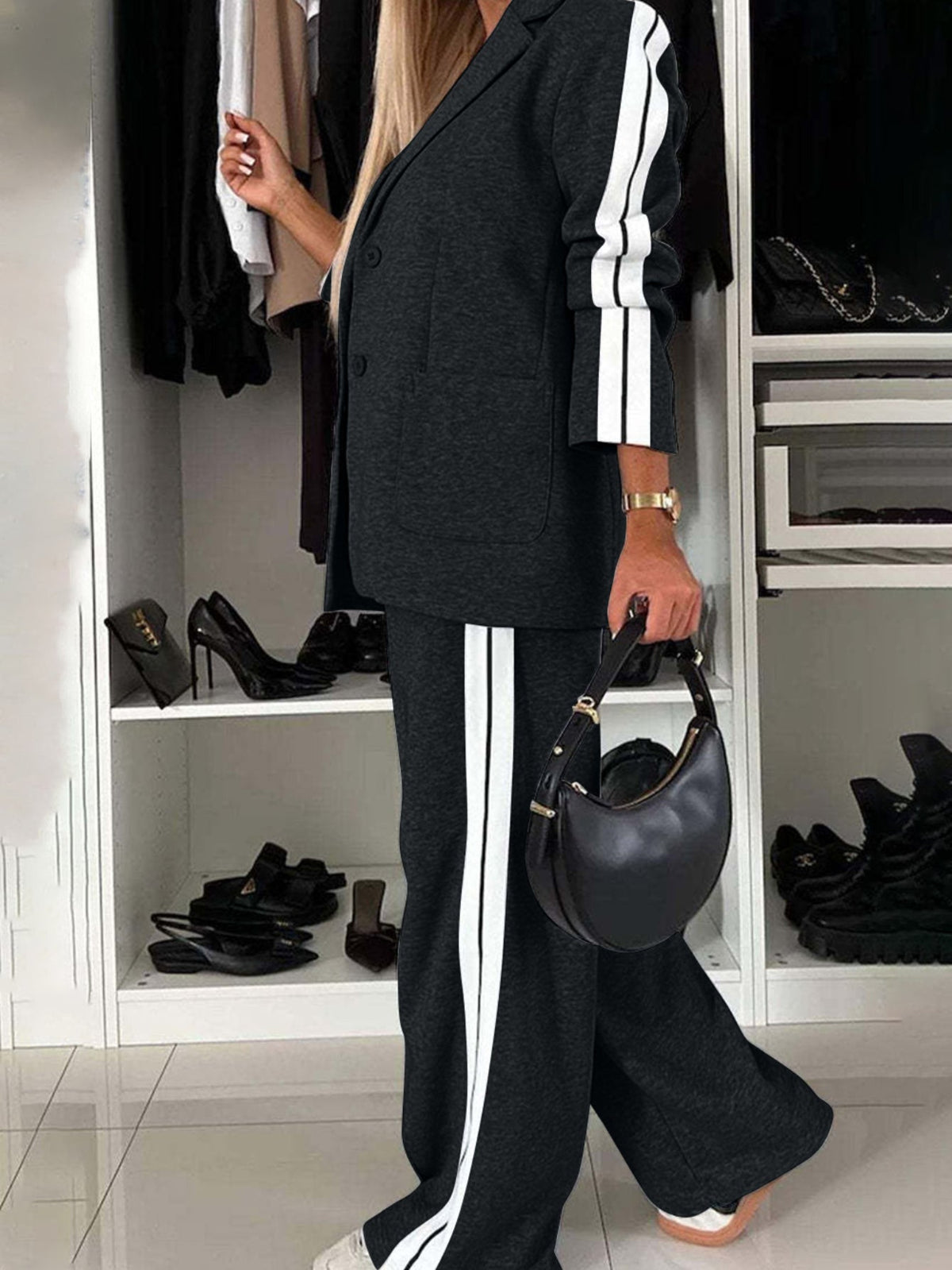 Full Size Contrast Lapel Collar Top and Pants Set