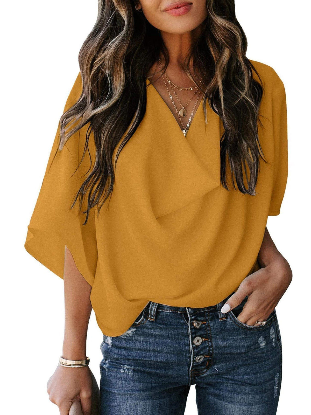 Women's Solid Cowl Neck Batwing Sleeve Blouse - Casual and Comfortable Fashion Top