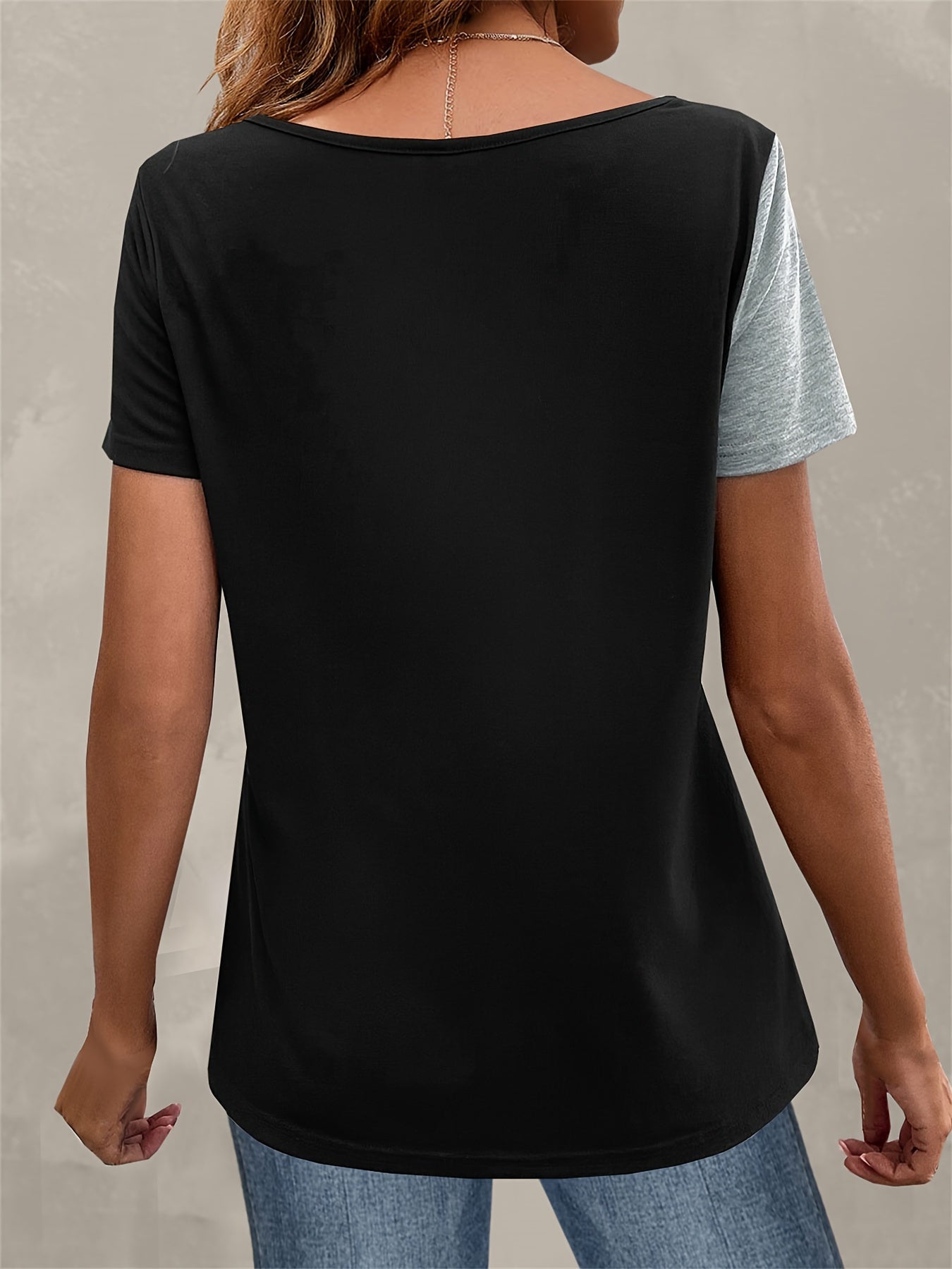 Color Block Asymmetrical Neck T-Shirt - Casual Short Sleeve Top