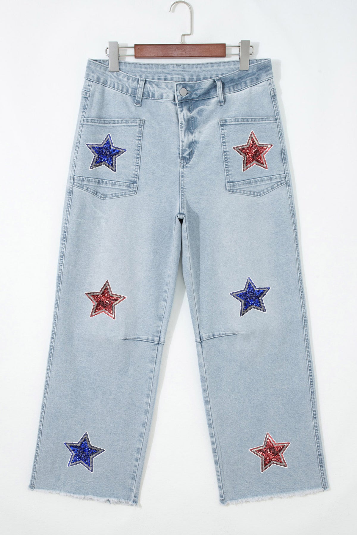 Beau Blue Patriotic Sequin Stars Patch Pocket Shift Jeans