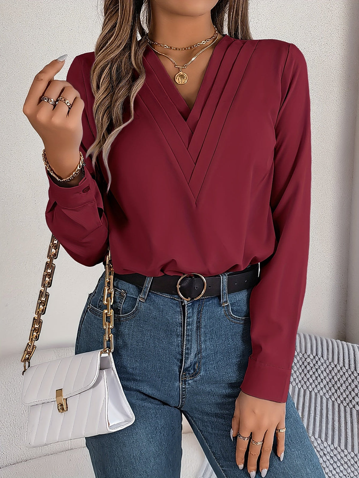 Solid Color V Neck Blouse, Elegant Long Sleeve Blouse