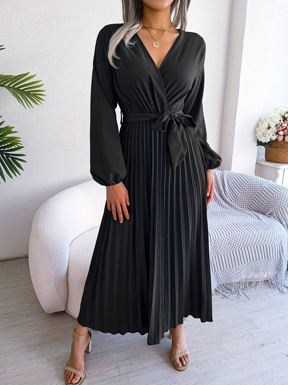 Pleated Surplice Neck Dress, Elegant Long Sleeve Solid Dress, Women's Clothing