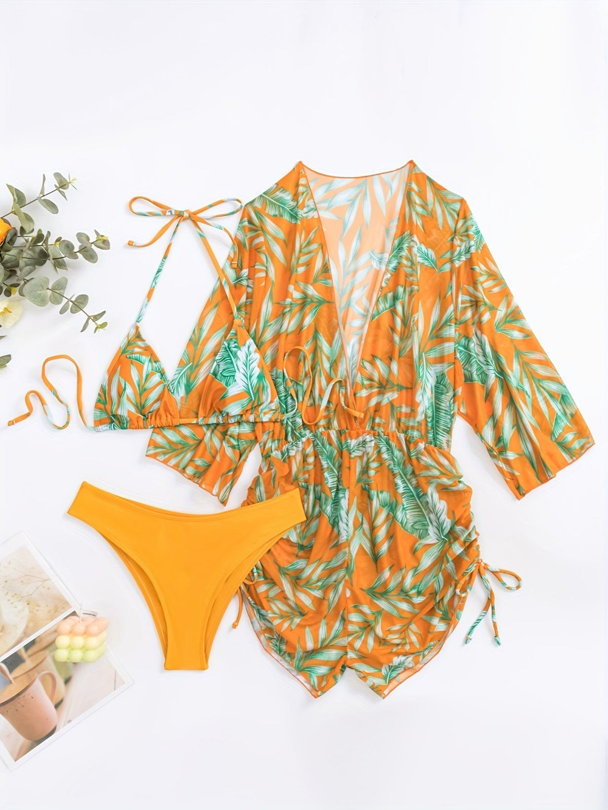 3-Piece Leaf Plant Print Bikini Sets, Triangle Halter Neck High Cut With Sheer Cover Up Drawstring Overall Swimsuit