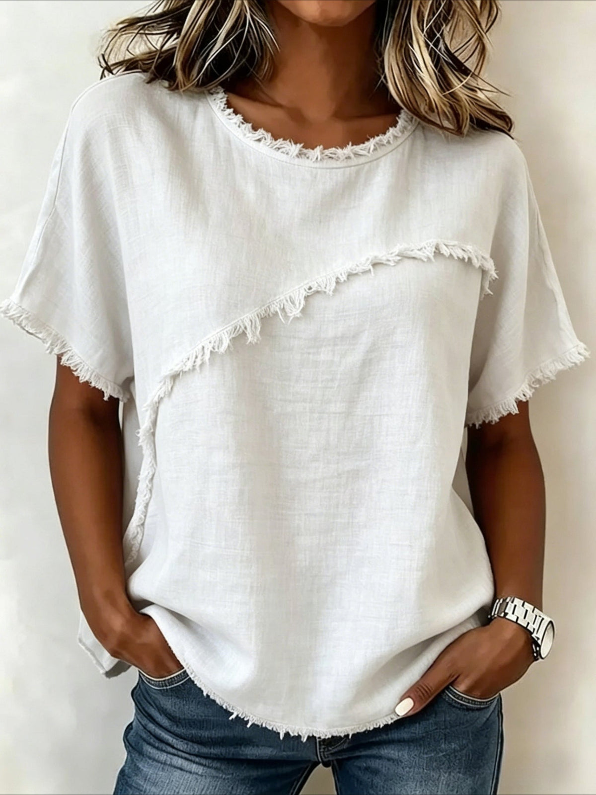 Round Neck Casual Fringed Panel Loose Short Sleeve Top