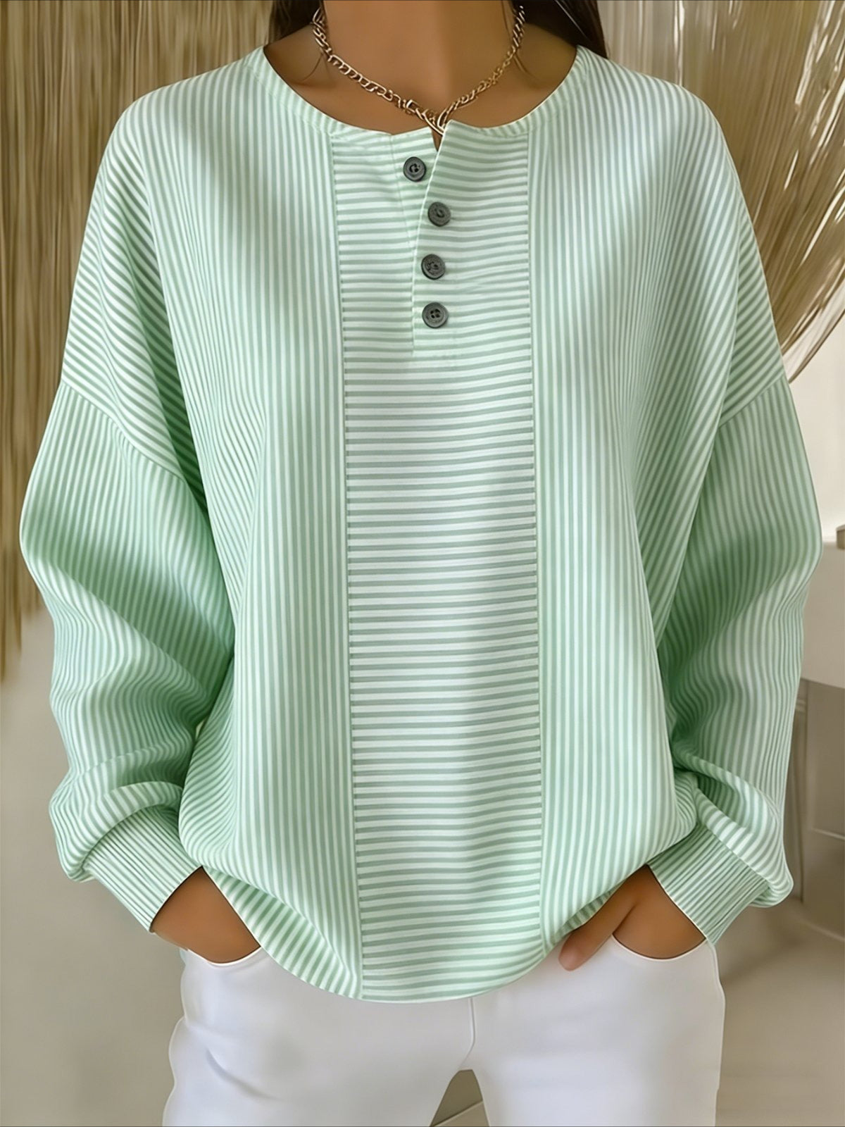Stipe Printed V Neck Long Sleeve Regular Sweatshirt