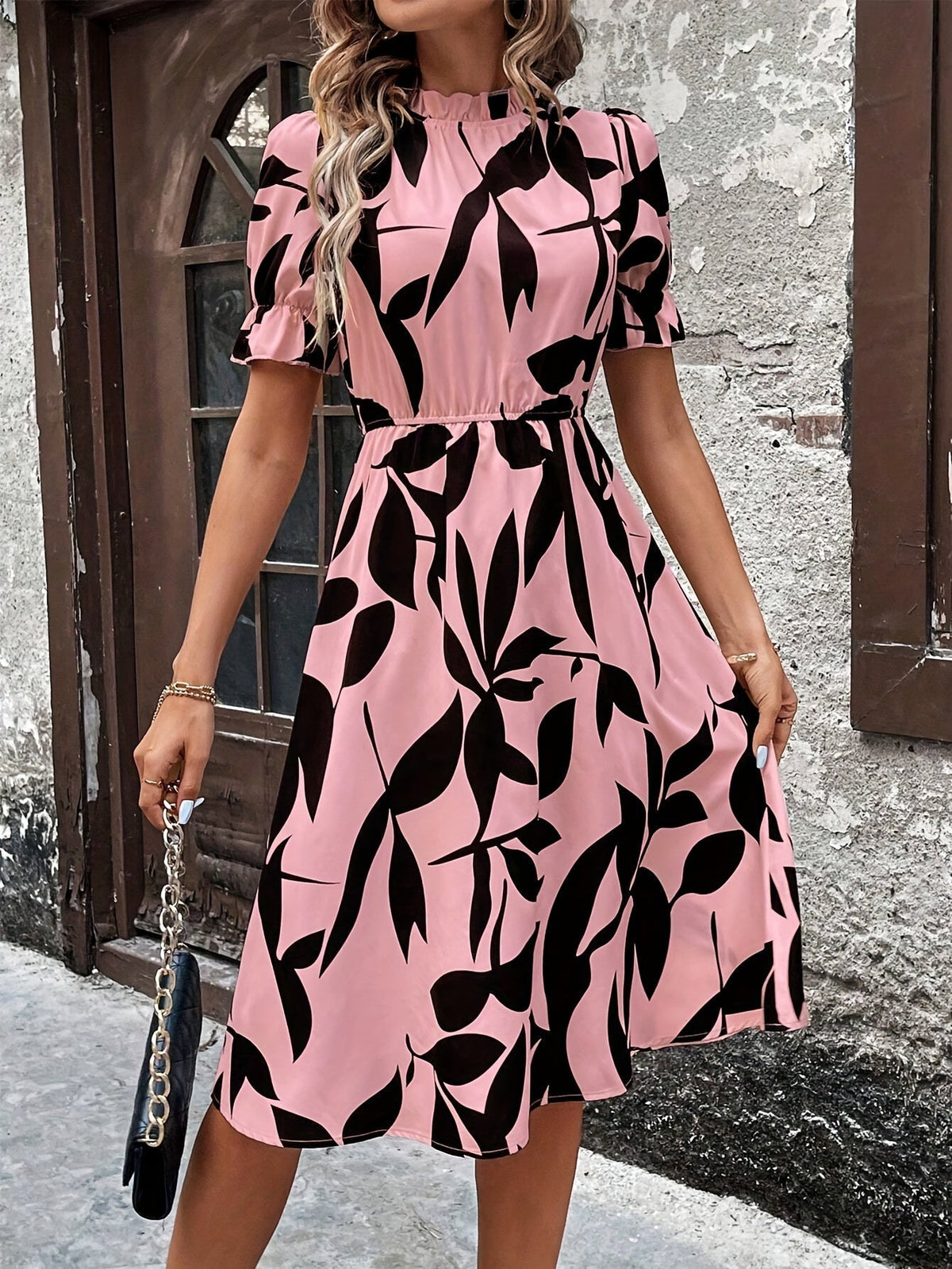 Leaf Print Mock Neck Dress, Elegant Short Sleeve Ruffle Cuff Back Keyhole A-line Dress