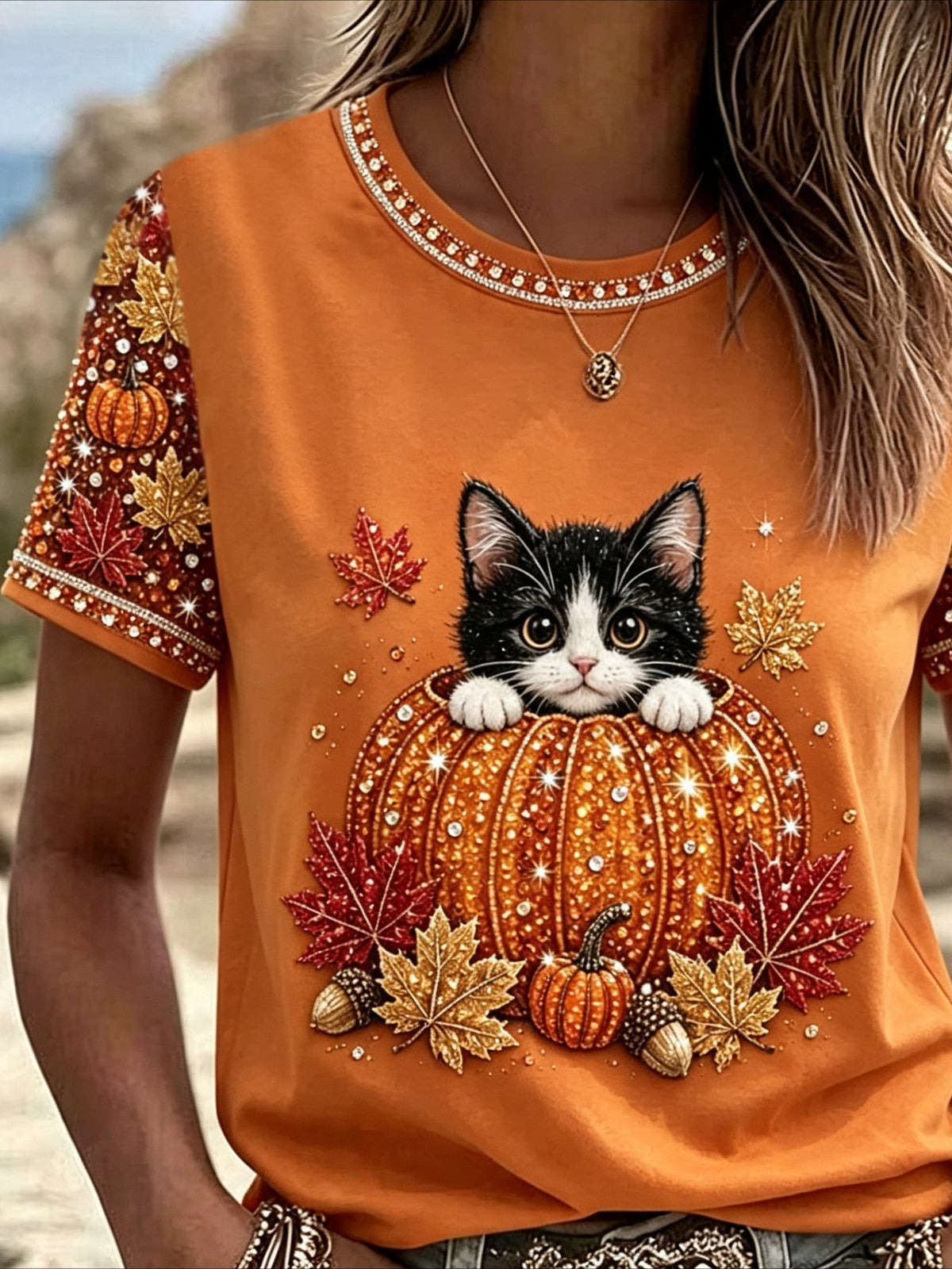 100% Cotton Casual Green Maple Leaf Printing Crew Neck Short Sleeve T-shirt
