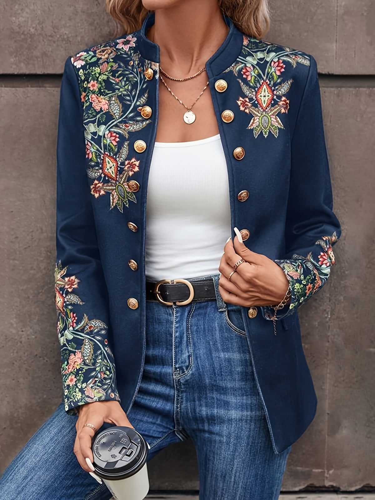 Floral Double-Breasted Jacket, Elegant Long Sleeve Stand Collar Vintage Jacket