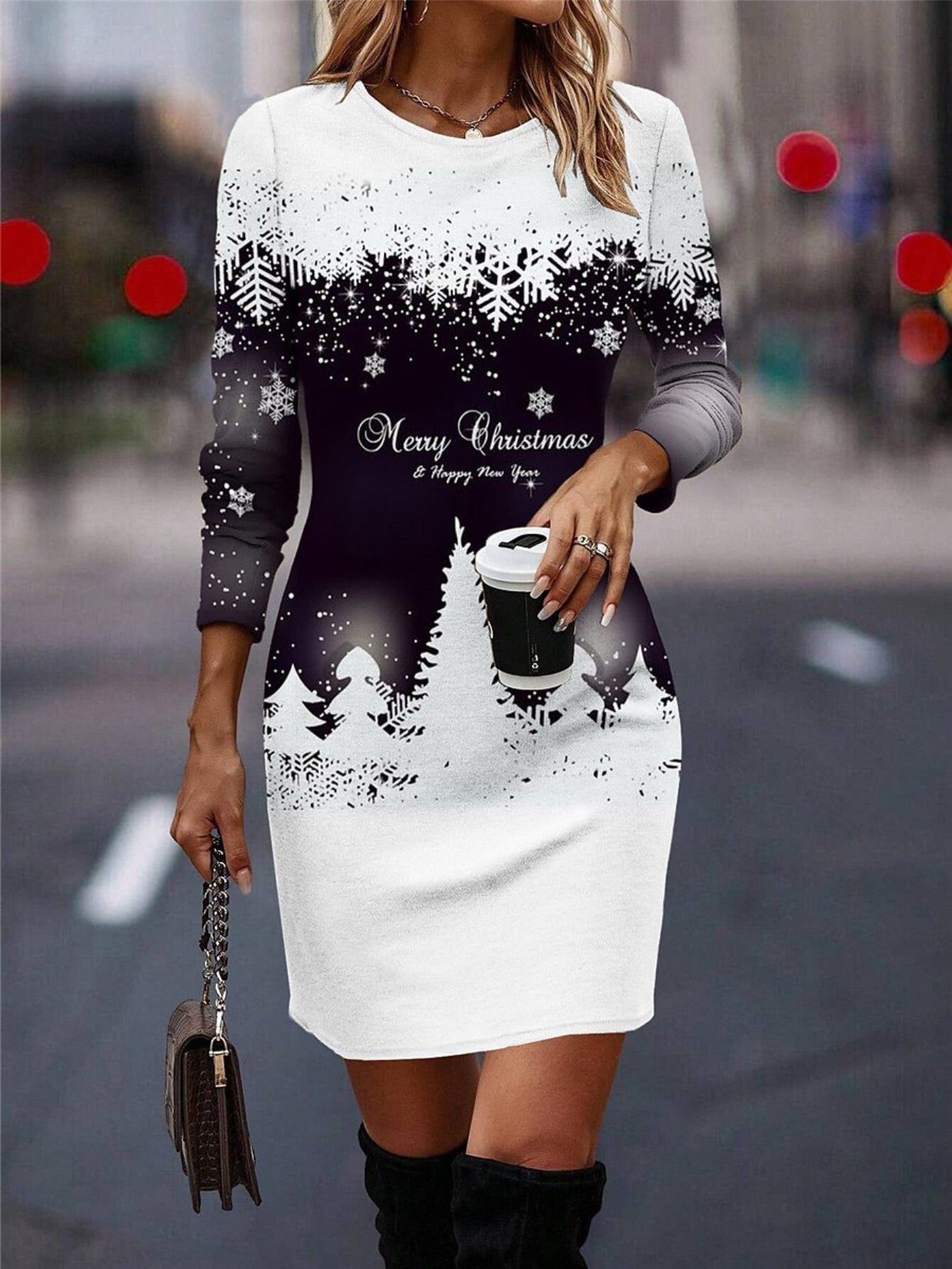 Chic Snowflake Print Bodycon Dress for Women - Vintage Style, Stretchy Polyester Blend