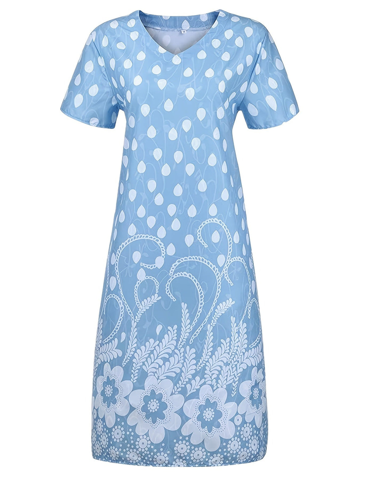 Retro Print Loose Long Dress, Short Sleeve V-neck Waist Summer Dresses