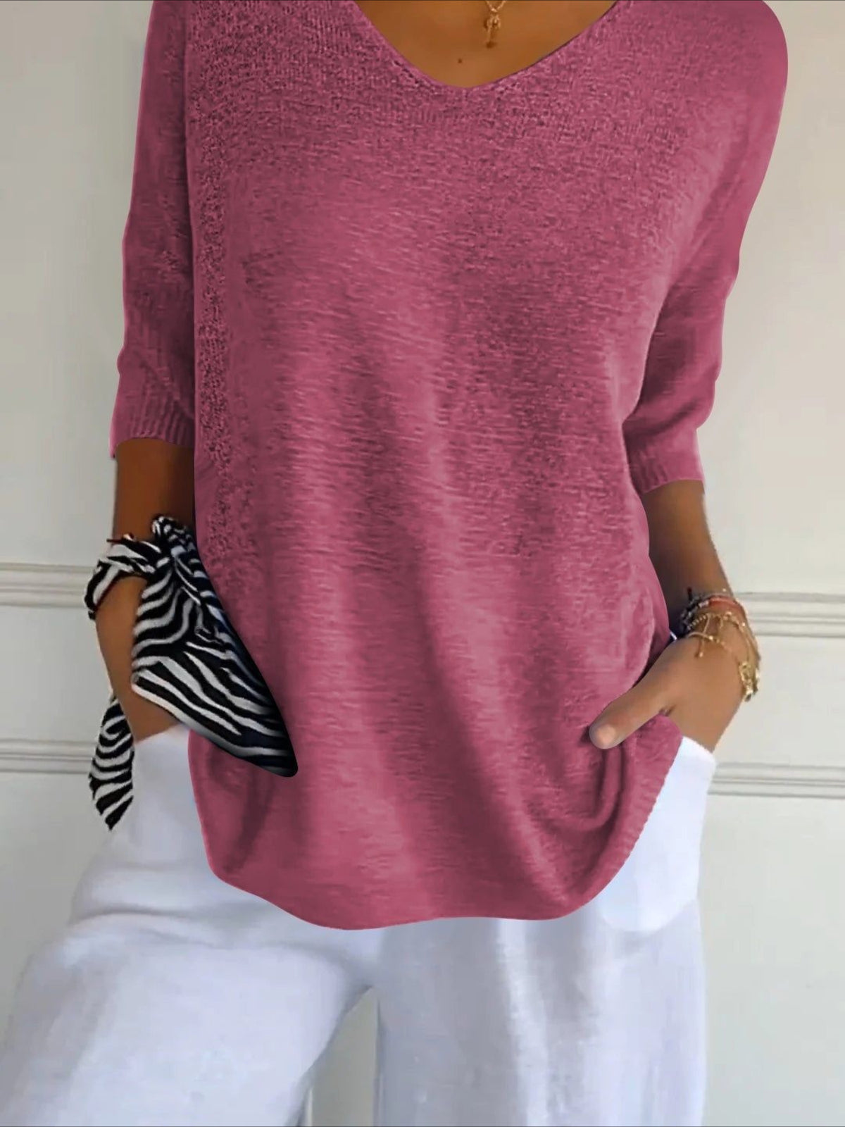 Lightweight Soft Casual 3/4 Sleeves V-Neck Sweater
