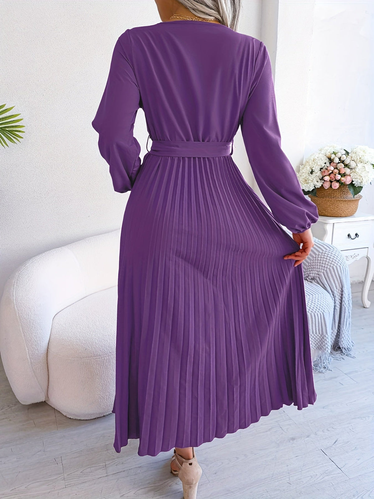 Pleated Surplice Neck Dress, Elegant Long Sleeve Solid Dress, Women's Clothing