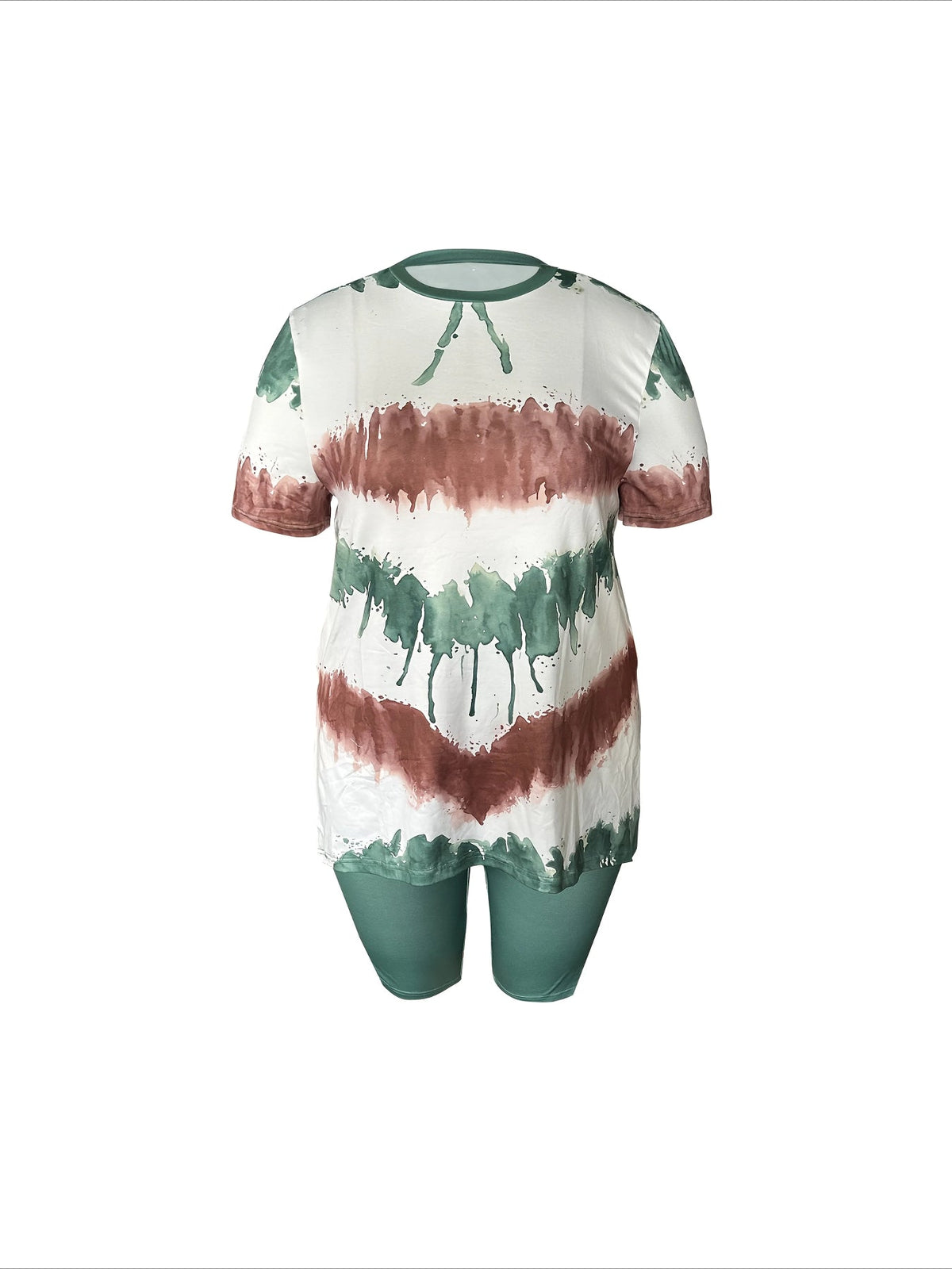 Casual Two-Piece Set Color Block Print Short Sleeve Top With Side Slit & High-Waisted Shorts
