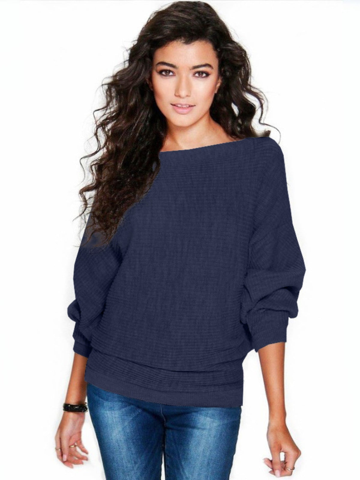 Solid Boat Neck Pullover Sweater, Casual Batwing Sleeve Drop Shoulder Sweater