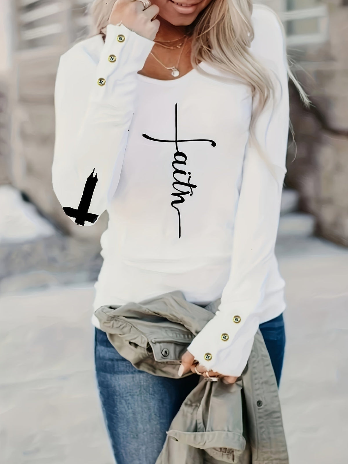 Cross & Letter Print Crew Neck T-Shirt, Casual Long Sleeve Top