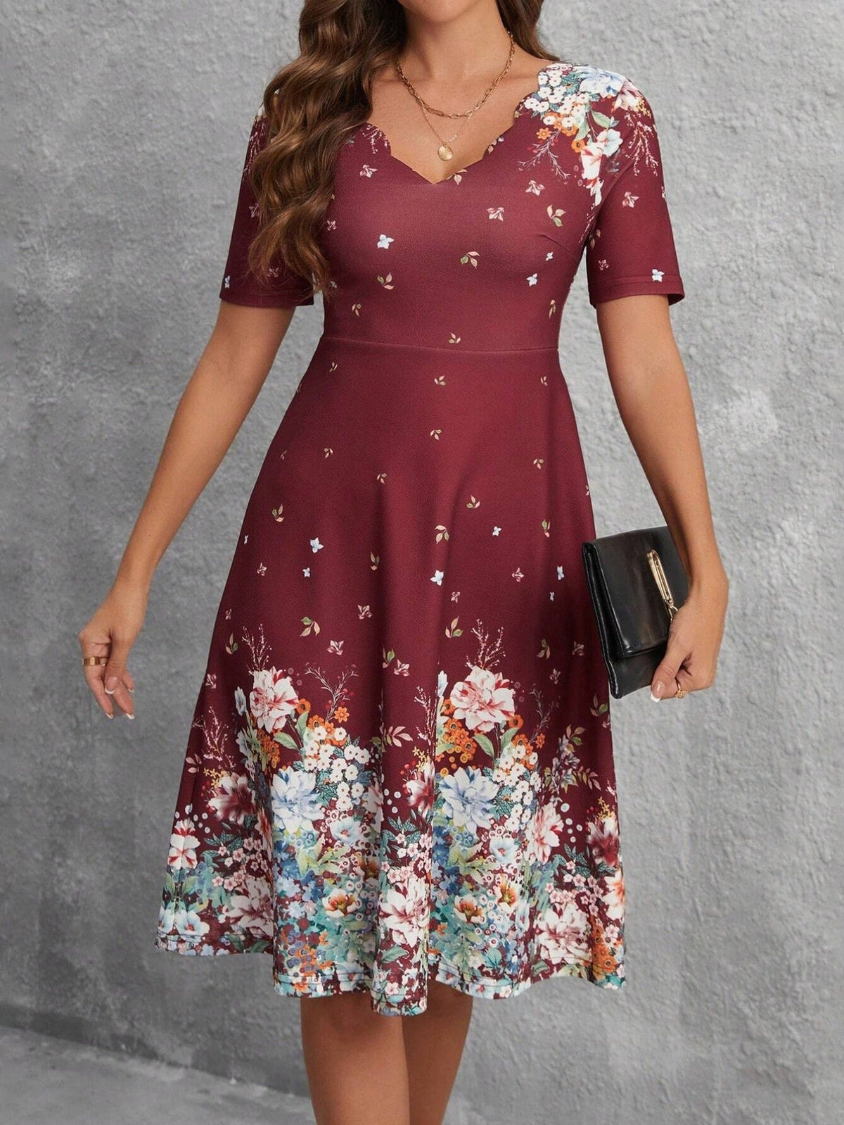 Floral Print V Neck Dress, Elegant Short Sleeve Flared Midi Dress