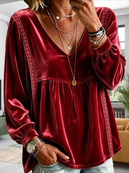 V-Neck Lace Trim Long Sleeve Velvet Blouse