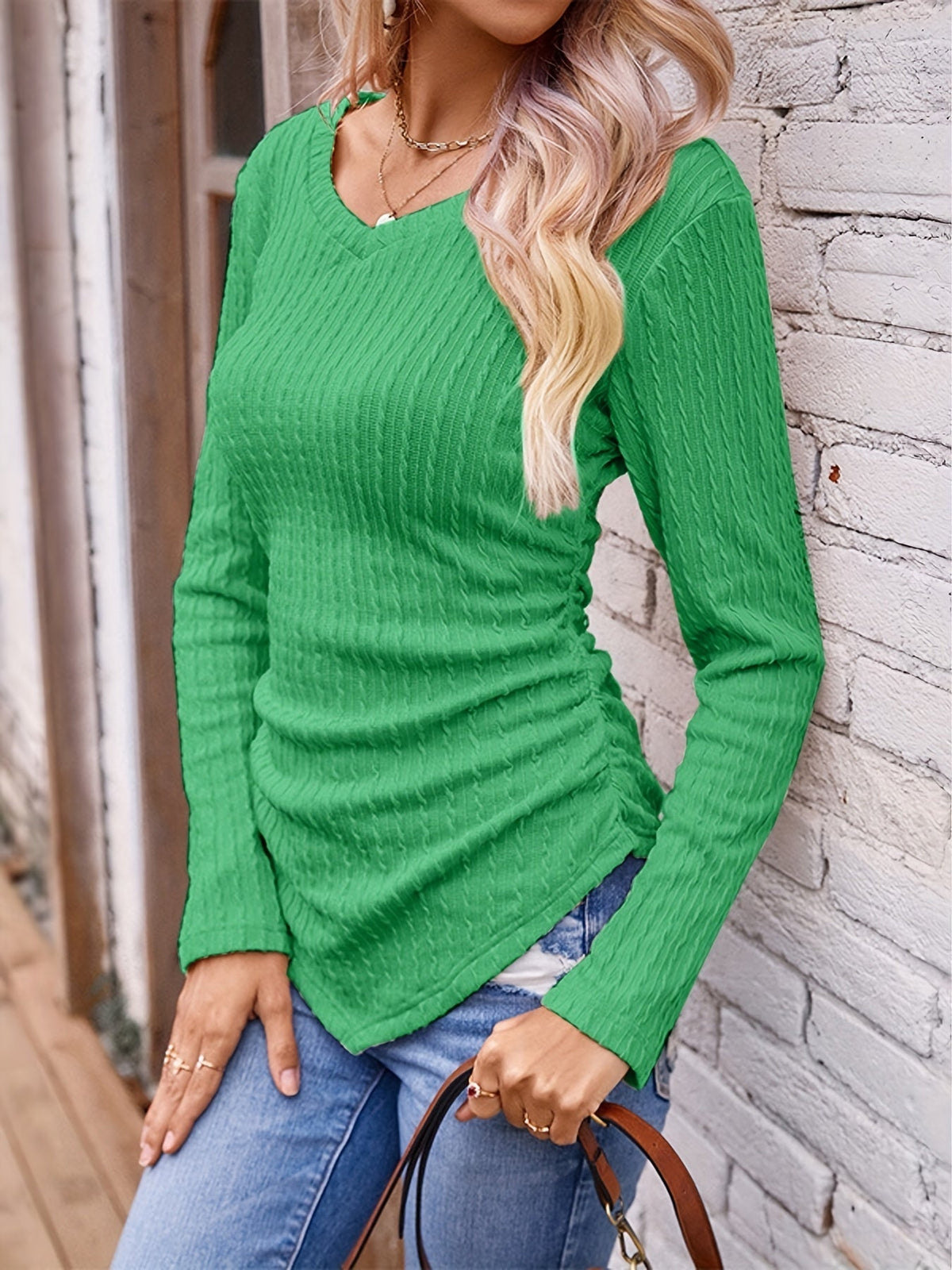 Twist Textured V Neck T-Shirt, Casual Long Sleeve Top