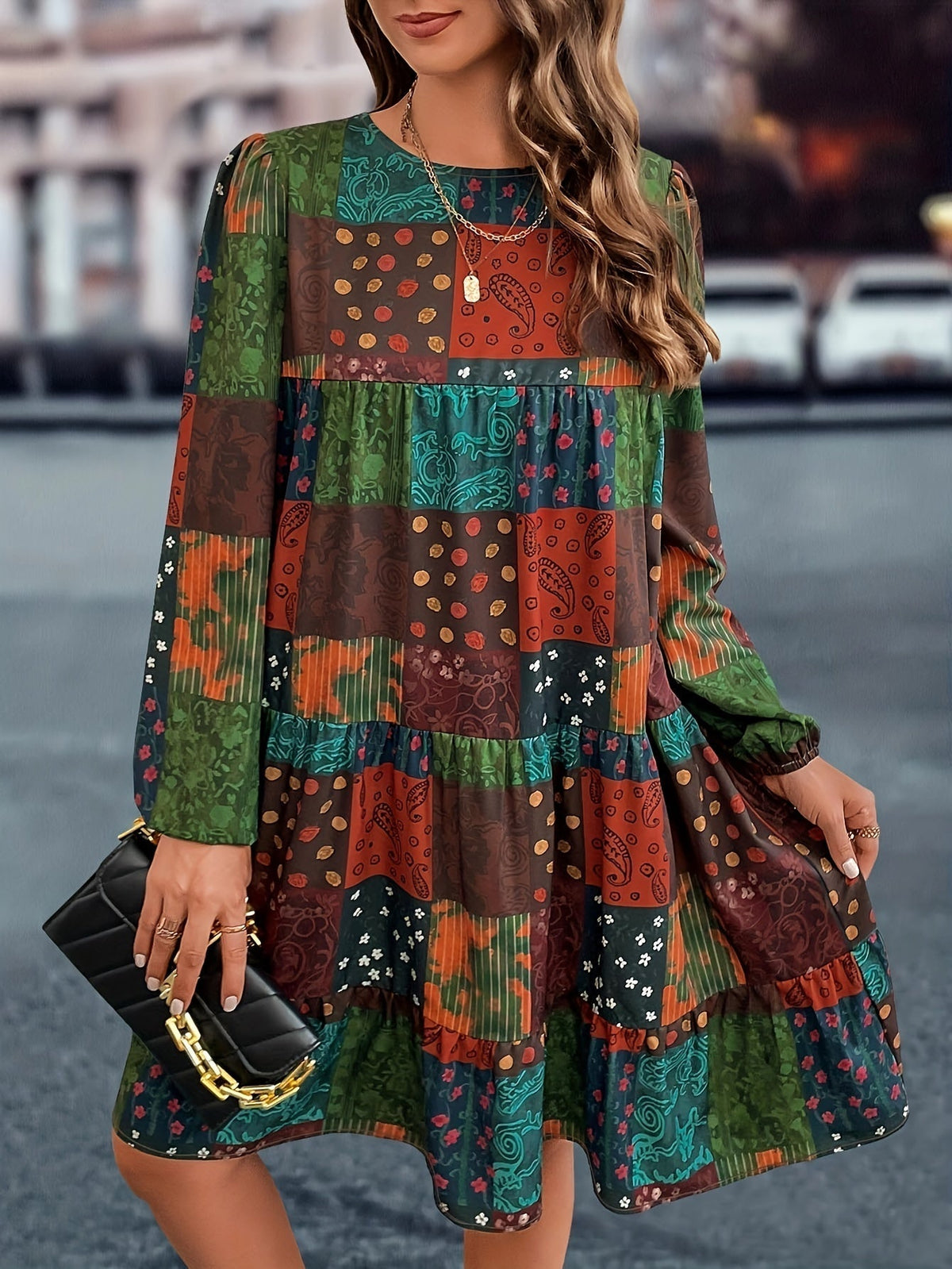 Boho Dress, Women's Patchwork Print Lantern Sleeve Round Neck Loose Fit Mini Dress