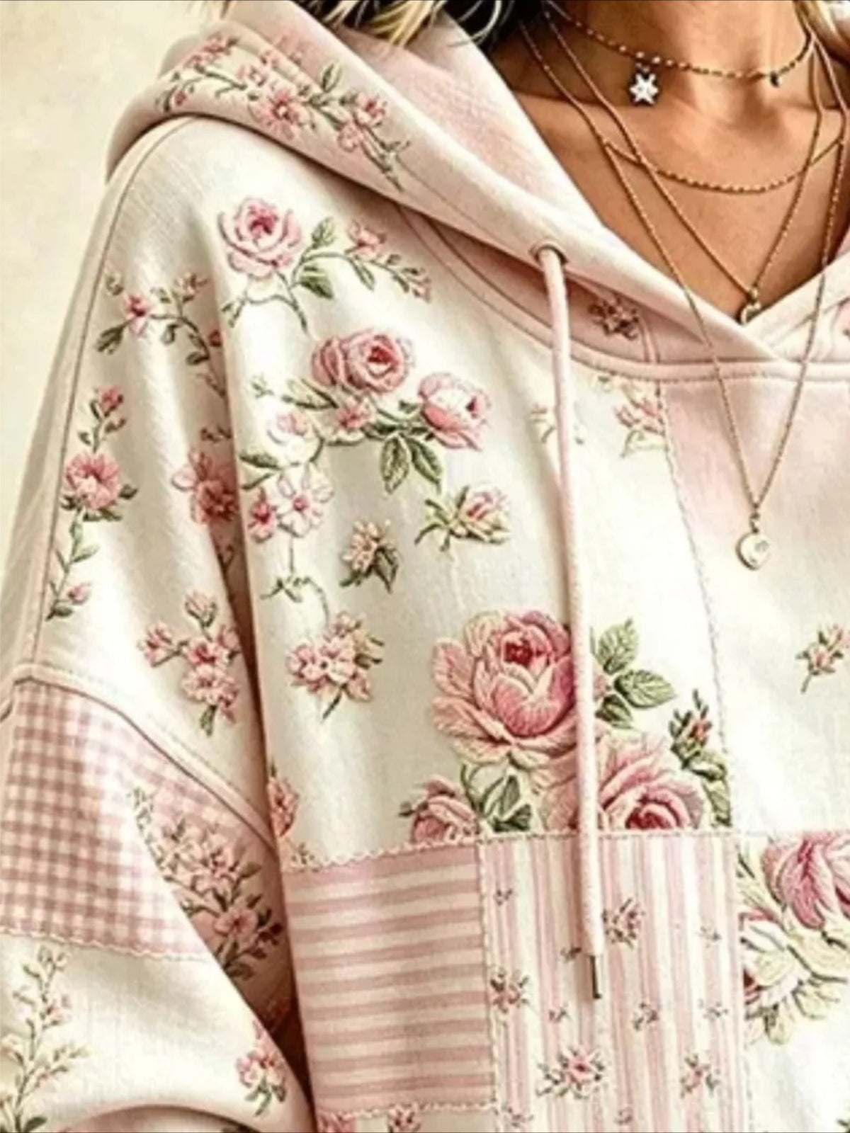 Drawstring Floral Printing Dropped Shoulder Hoodie