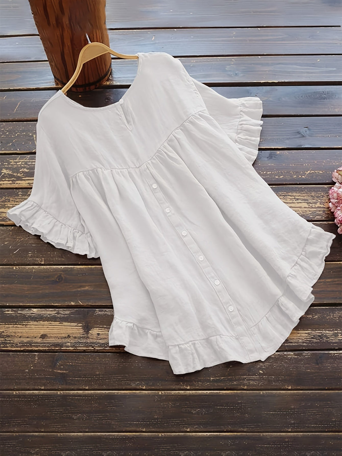Solid Button Back Ruffled Trim Blouse, Casual Short Sleeve Blouse