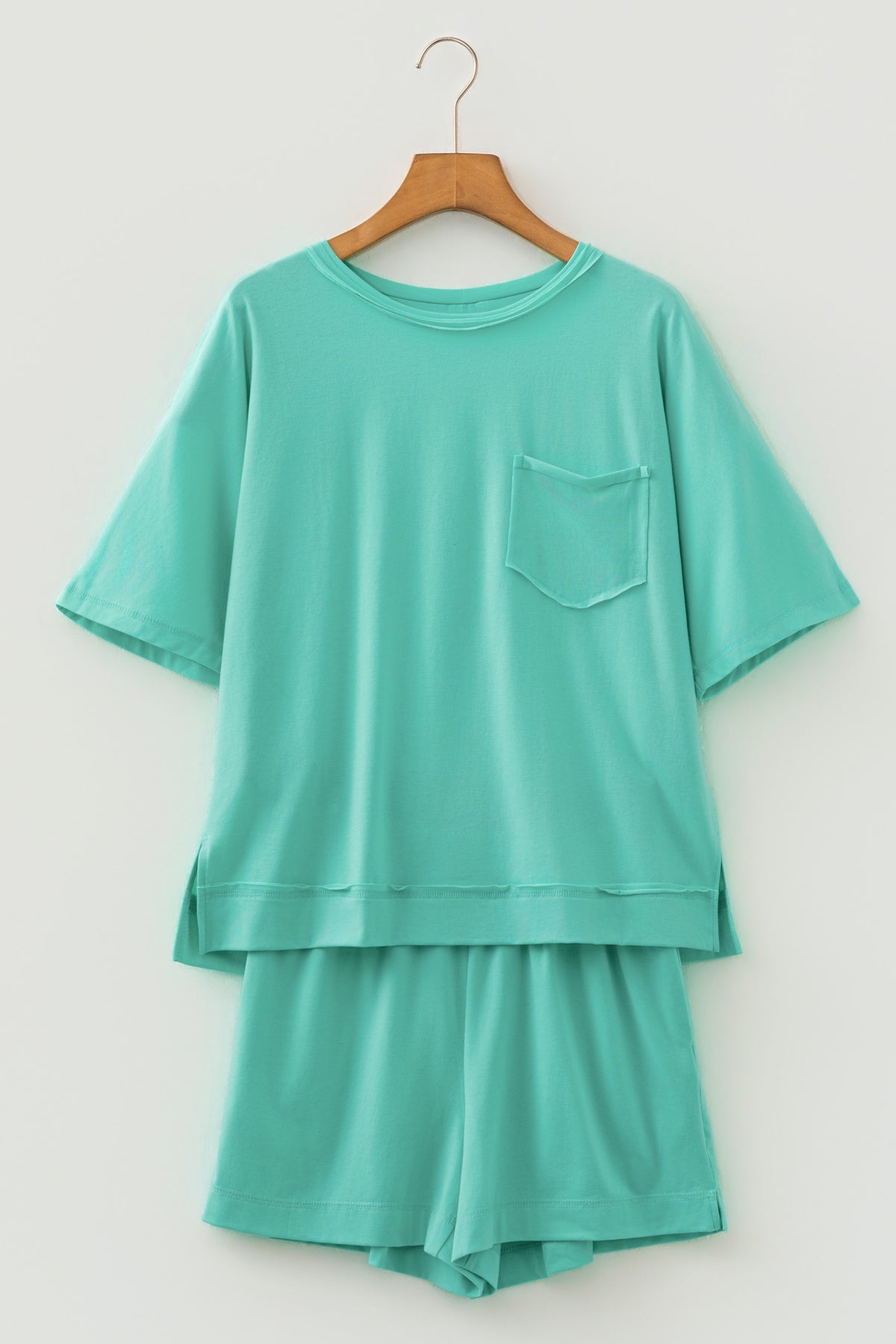 Mint Green Raw Edge Patch Pocket Oversized Top and Shorts Set