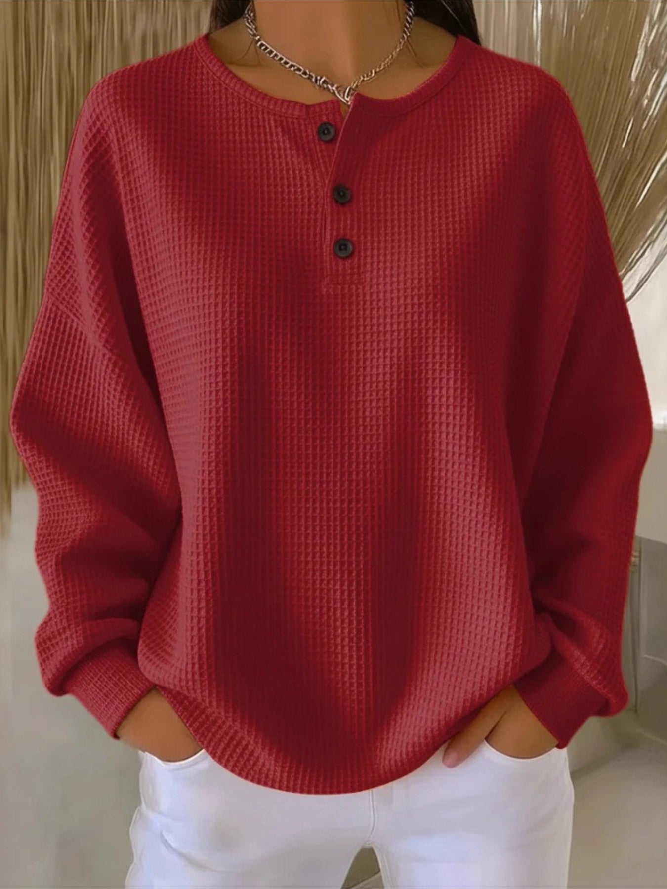 Solid Color Ribbed V Neck Braided Print Long Sleeve Regular Tops