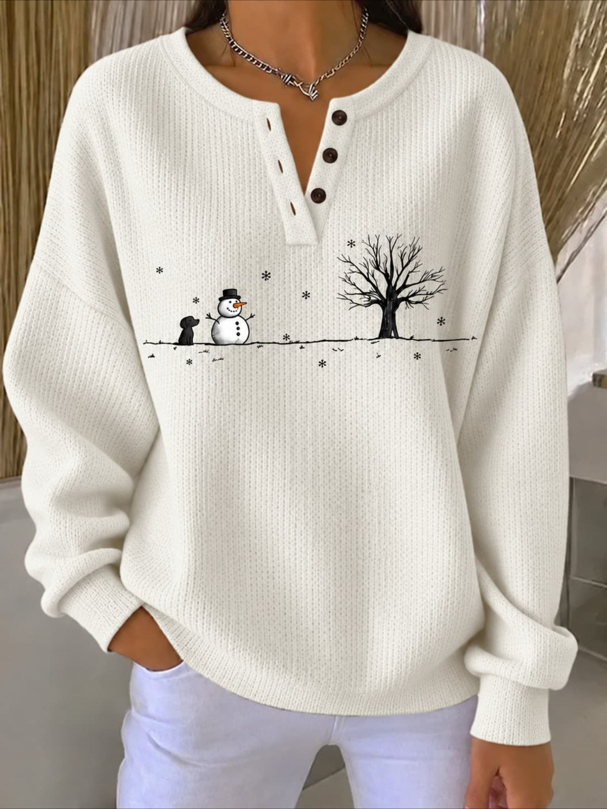 Winter Snowman Puppy Print Crew Neck Button Long Sleeve Top