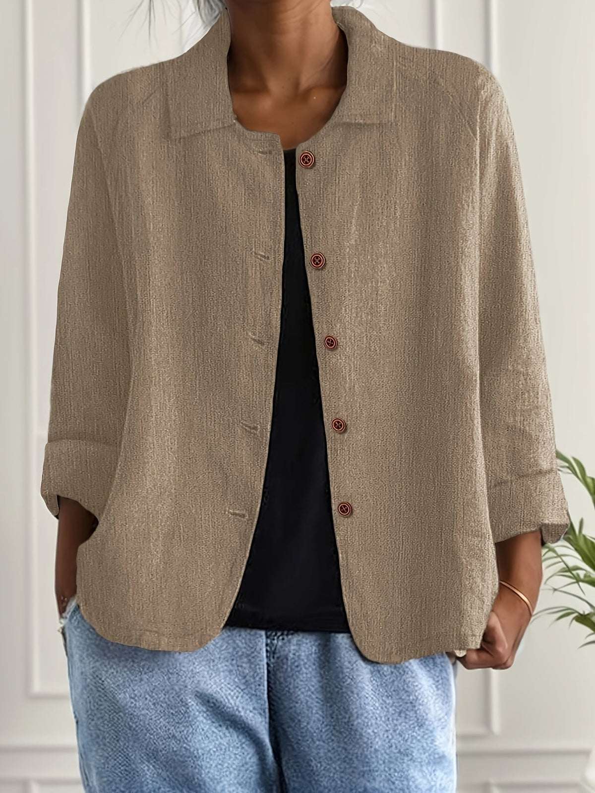 Long Sleeve Button-Up Solid Color Lapel Collar Shirt