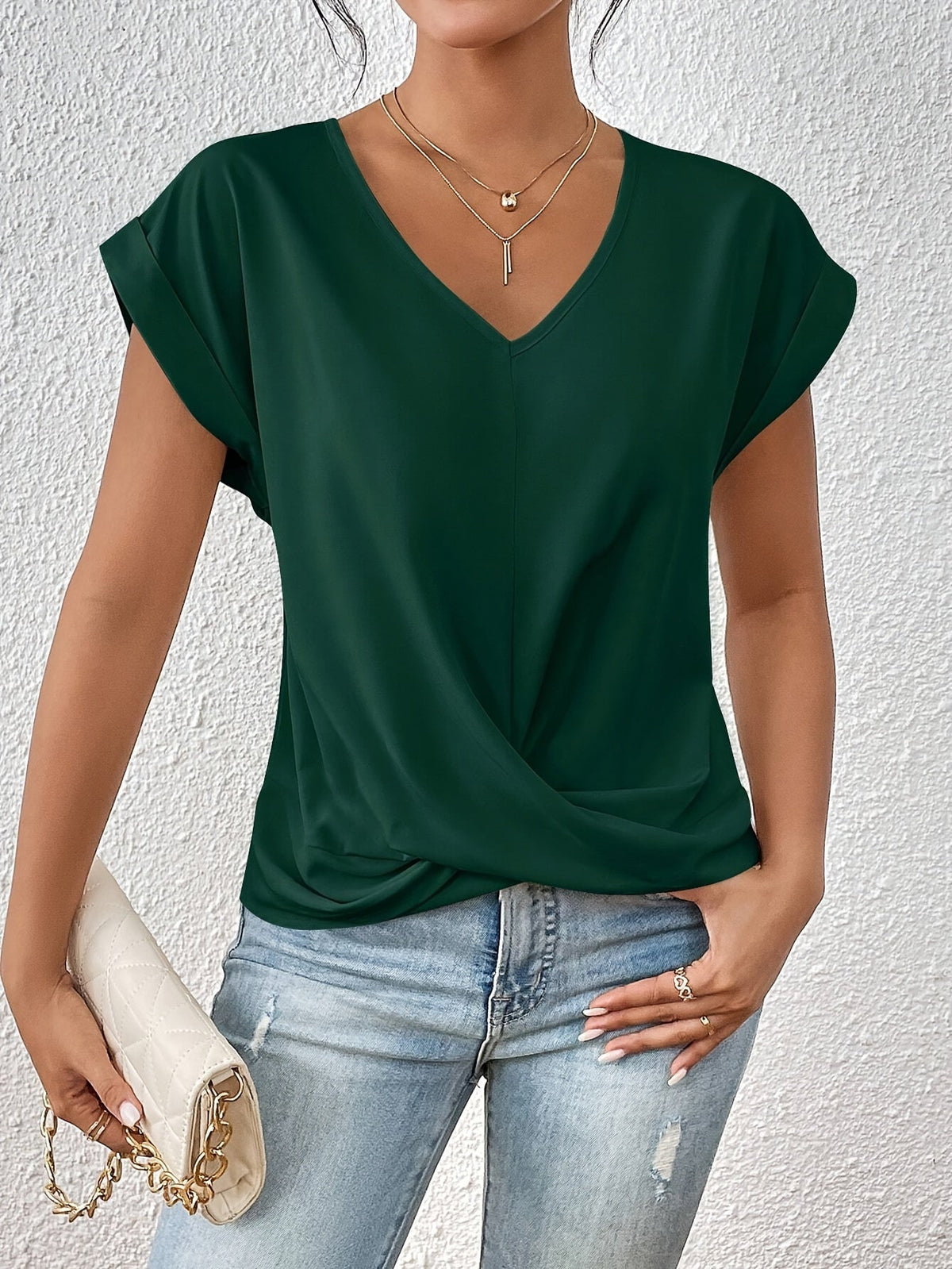 Women's Knot V Neck T-Shirt - Casual Short Sleeve Top