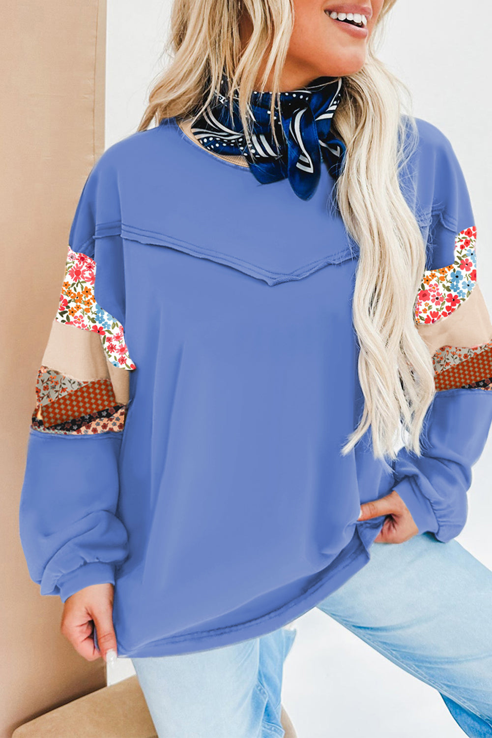 Blue Exposed Seam Floral Mixed Patchwork Relaxed Plus Size Top