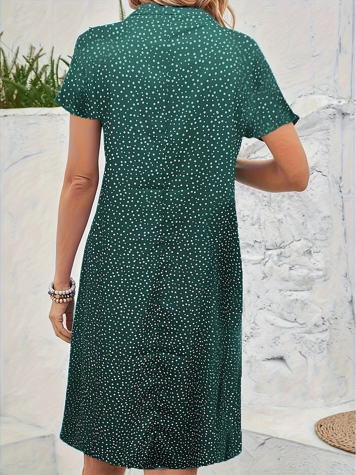 Polka Dot Print Collared Dress, Casual Short Sleeve Dress