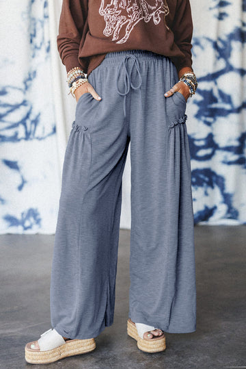 Frilled Detail Wide Leg Drawstring Elastic Waistband Pants