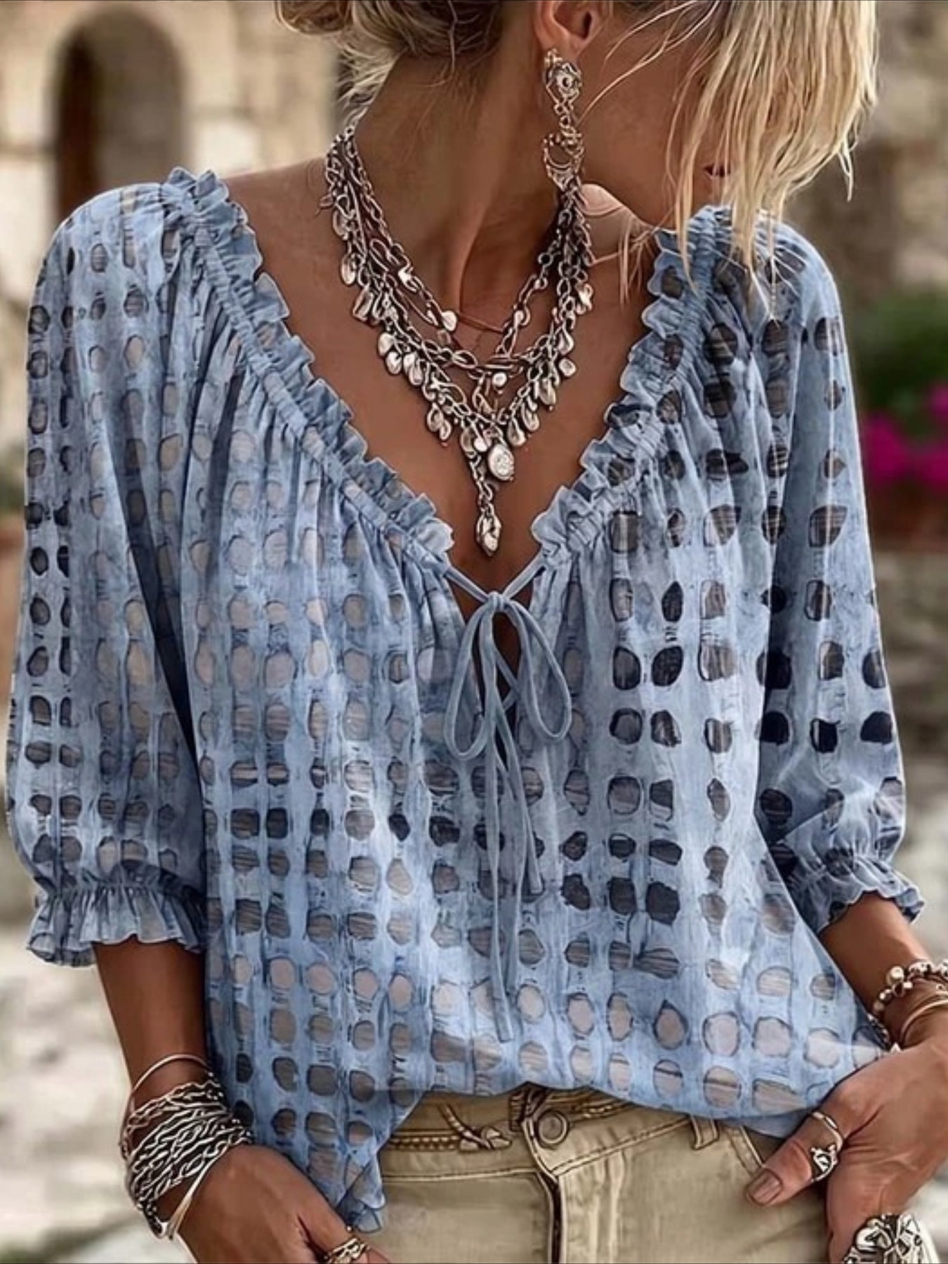 Abstract Geometric Polka Dot Printing Drawstring Fungus Edge V Neck Top