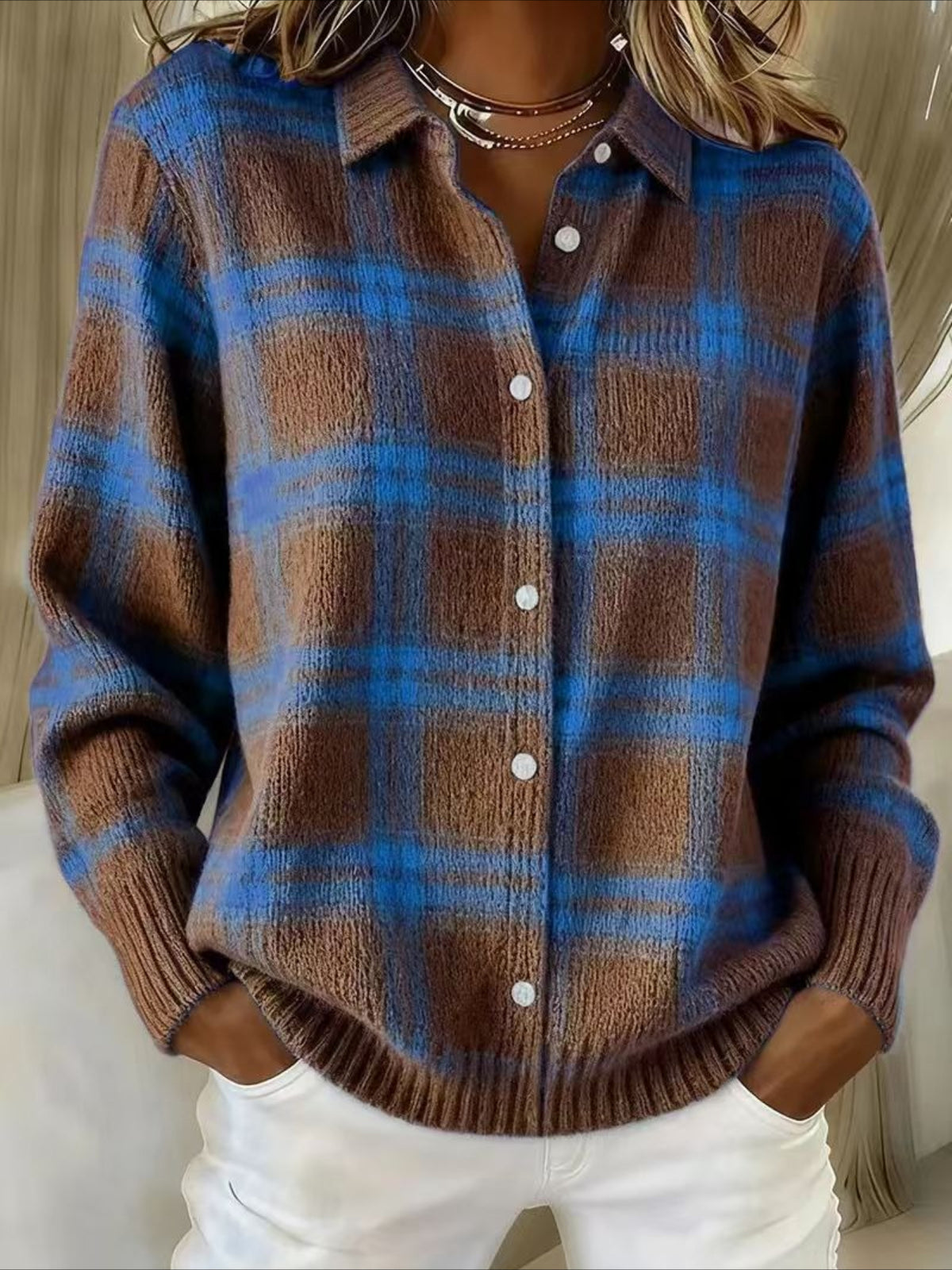 Plaid Collared Button-Up Knit Cardigan