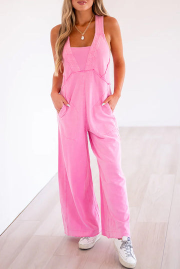 Bonbon Mineral Wash Raw Seam Patchwork Wide Leg Loose Jumpsuit